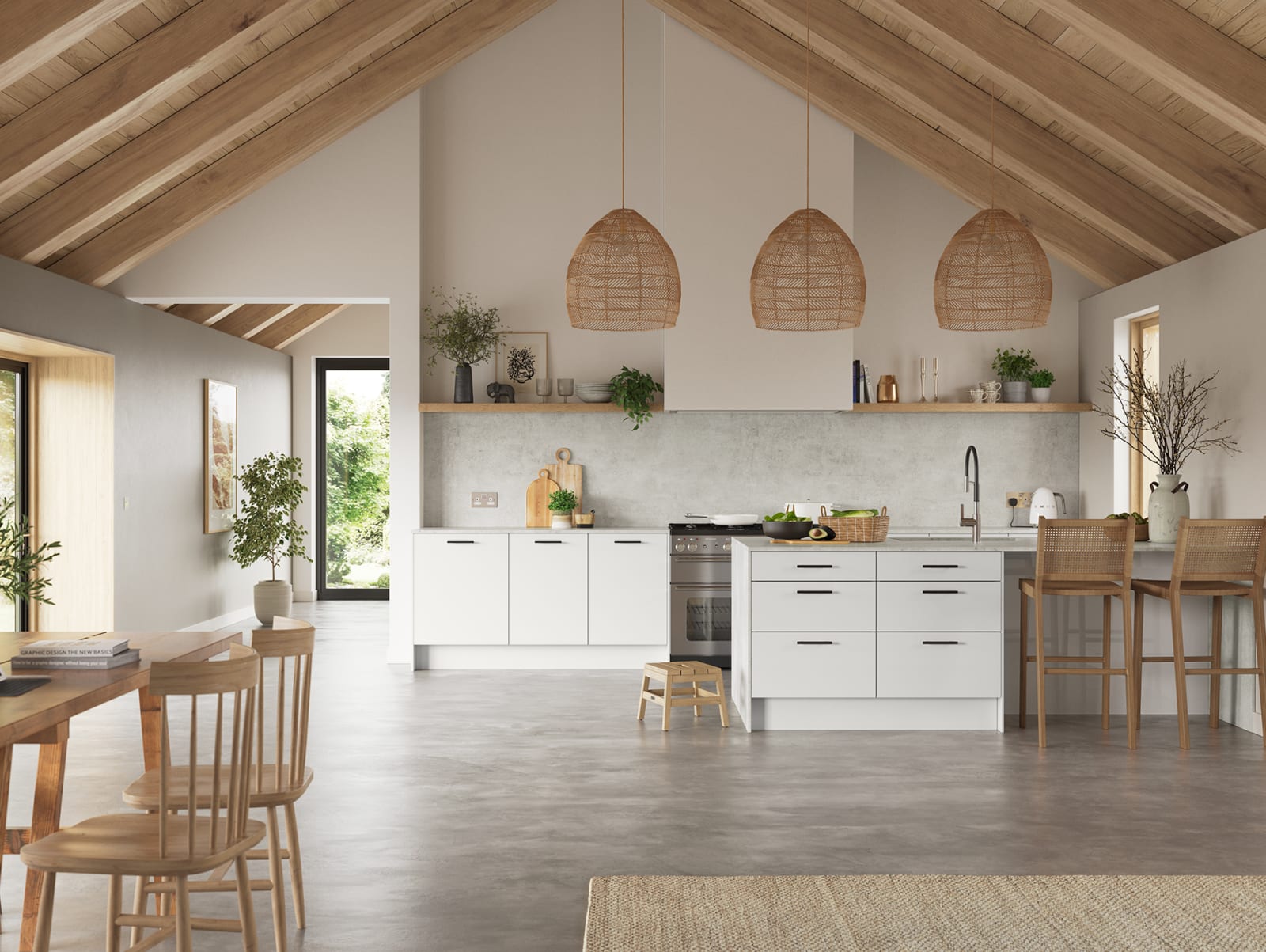 Hoxton kitchen. Smooth slab doors in a painted effect finish. Minimalist styling with your choice of handles and three colours.