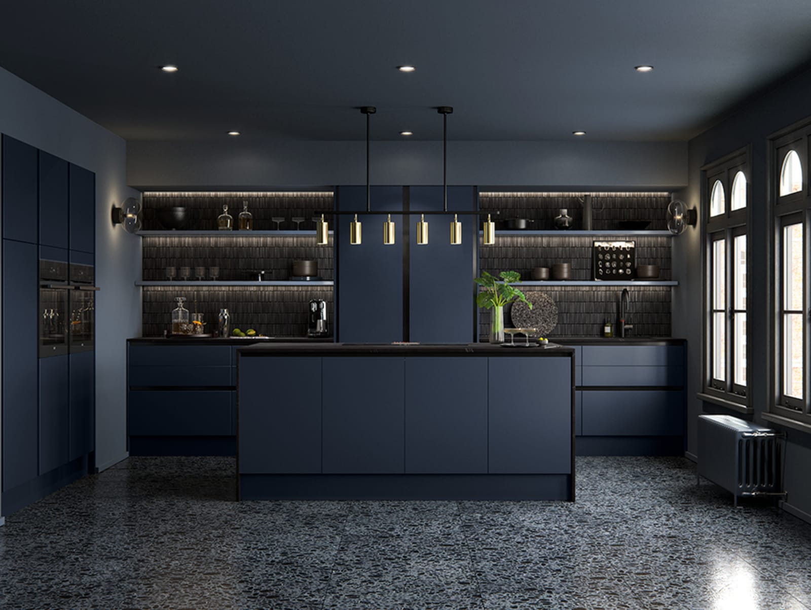 Integra Hoxton Kitchen from Magnet available in metallic midnight blue. Smooth slab doors and a painted effect finish.