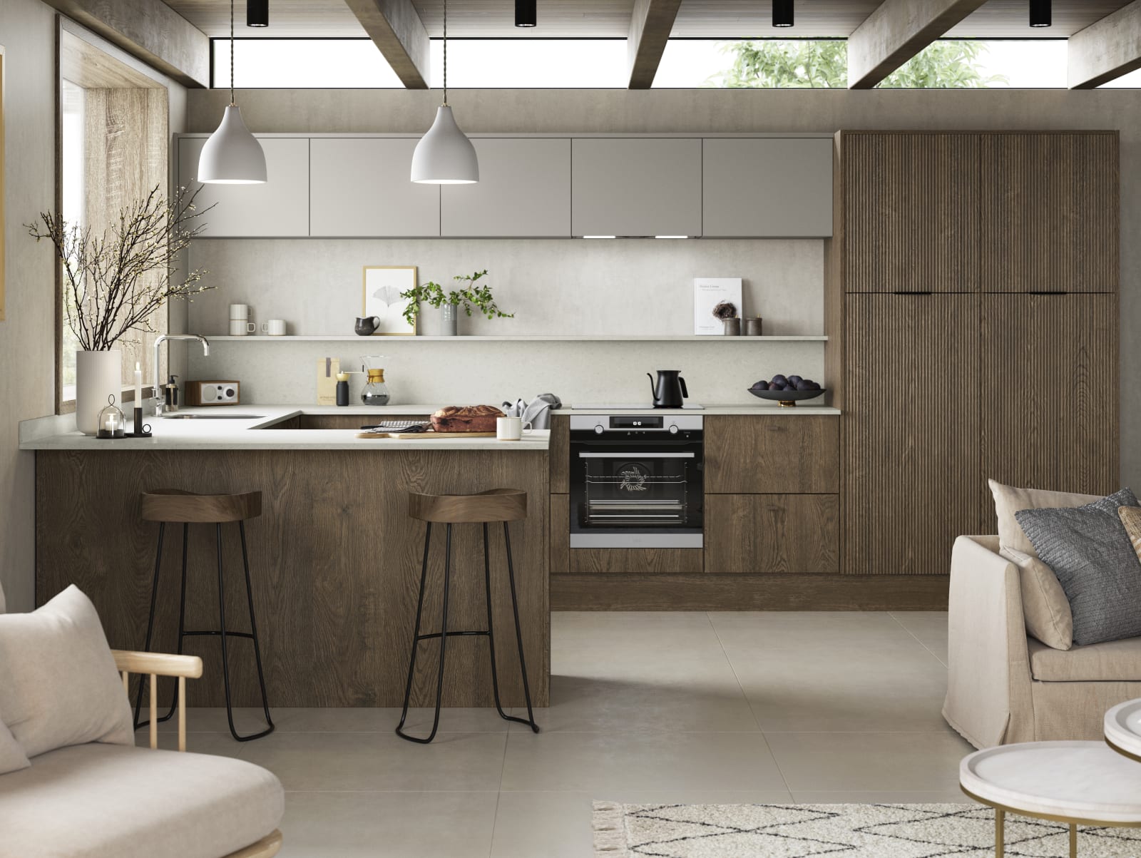 Magnet Kitchens 2021 Nordic Nature range with Fluted oak doors and Integra Hoxton Pebble cabinets with Dekton Aeri worktop. Open plan kitchen living area in Scandi style.