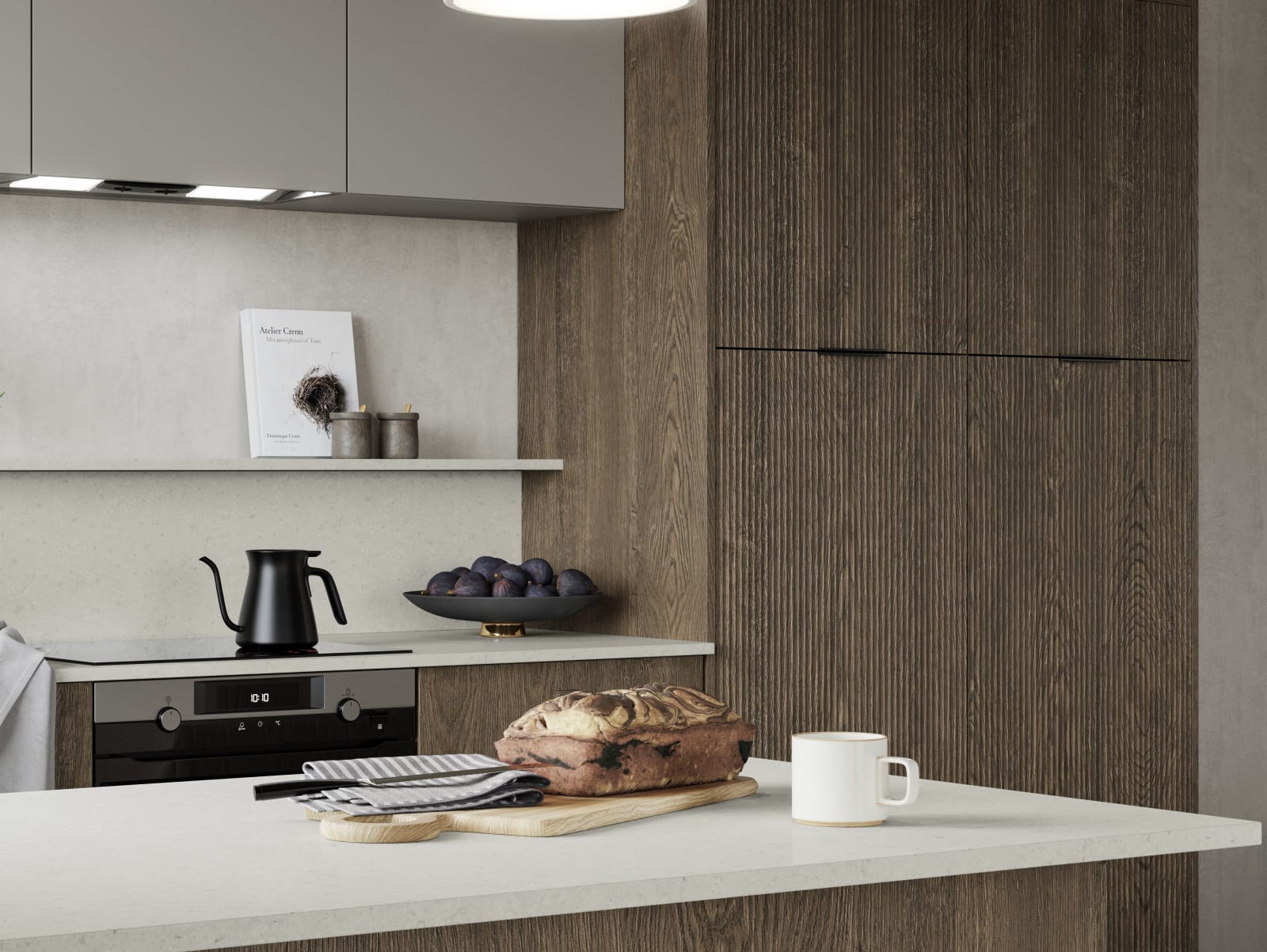 Magnet Kitchens 2021 Nordic Nature range with Fluted oak doors and Integra Hoxton Pebble cabinets with Dekton Aeri worktop