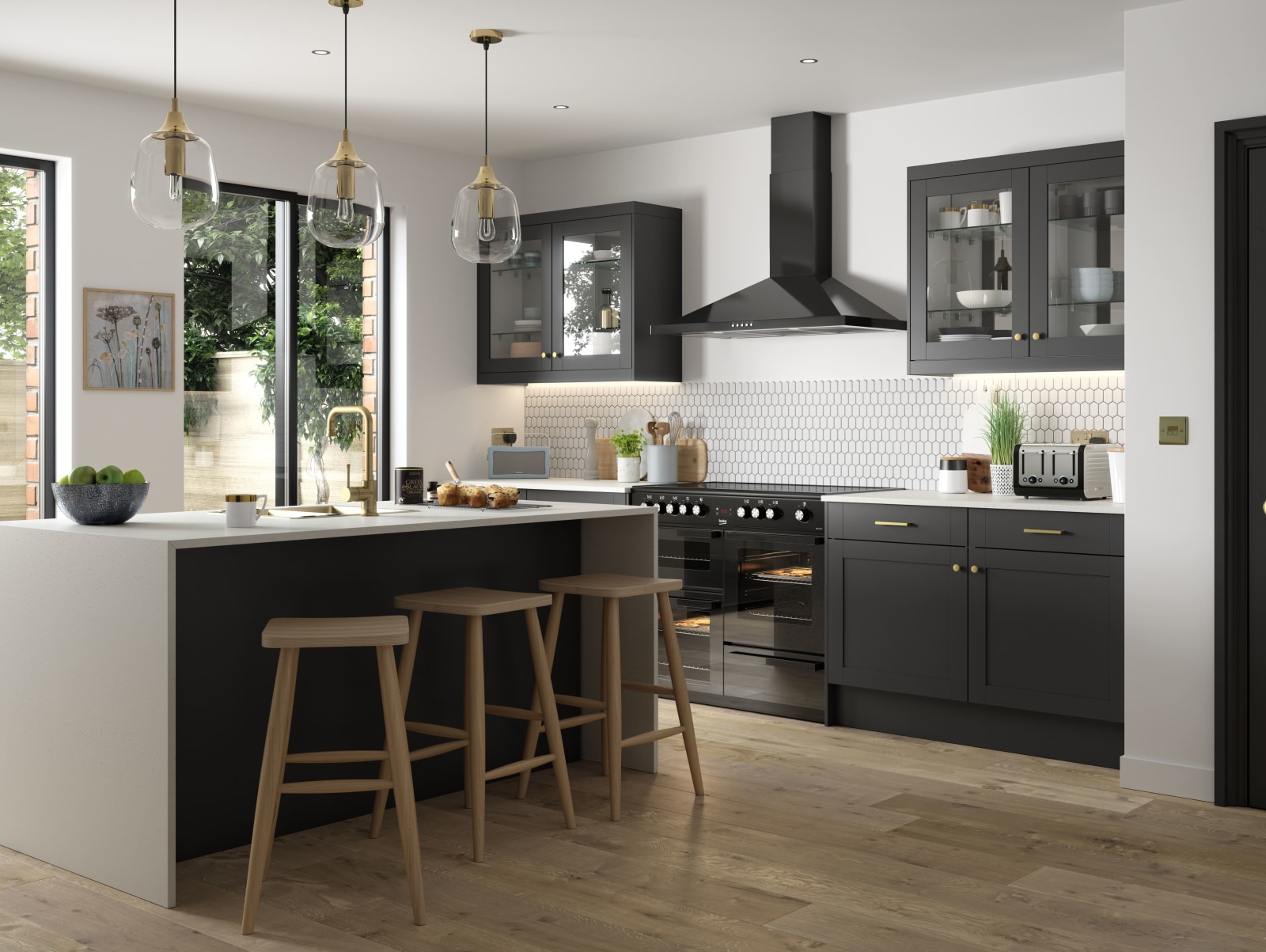 Tatton Graphite kitchen from Magnet, a contemporary dark grey narrow frame shaker door with a kitchen island featuring bar stool seating.