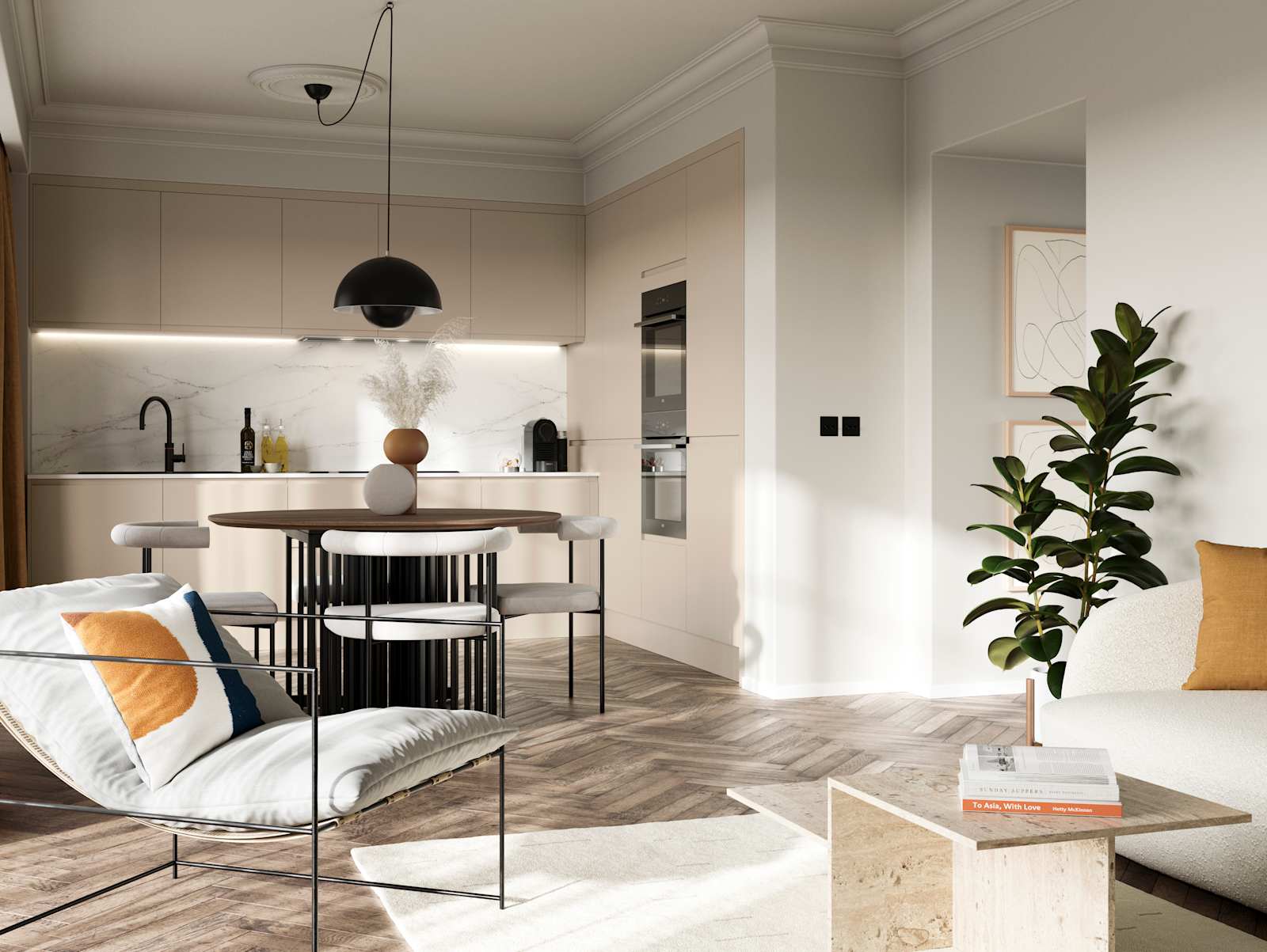 Luna in the shade Pebble is the ideal base for a minimalist kitchen design with its integrated handle that gives any kitchen a beautiful, sleek finish.