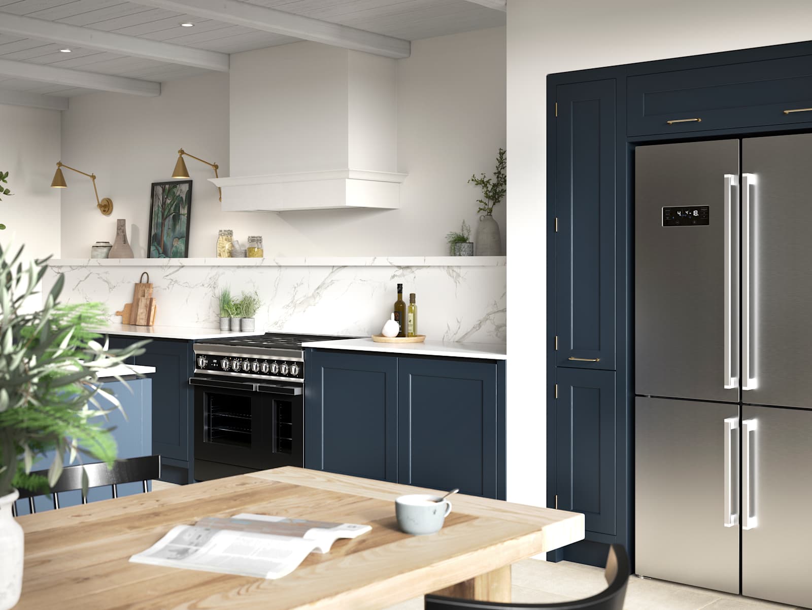 Open plan Shaker style kitchen in shade Midnight, with integrated handles, and an American fridge-freezer.
