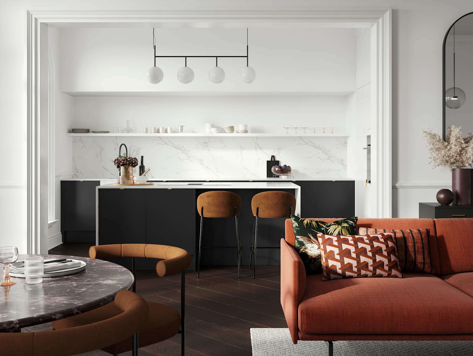 Minimal maximalism with Magnet's Hoxton kitchen in Sumi Black, combined with white marbled worktop and splashbacks and colourful interiors.