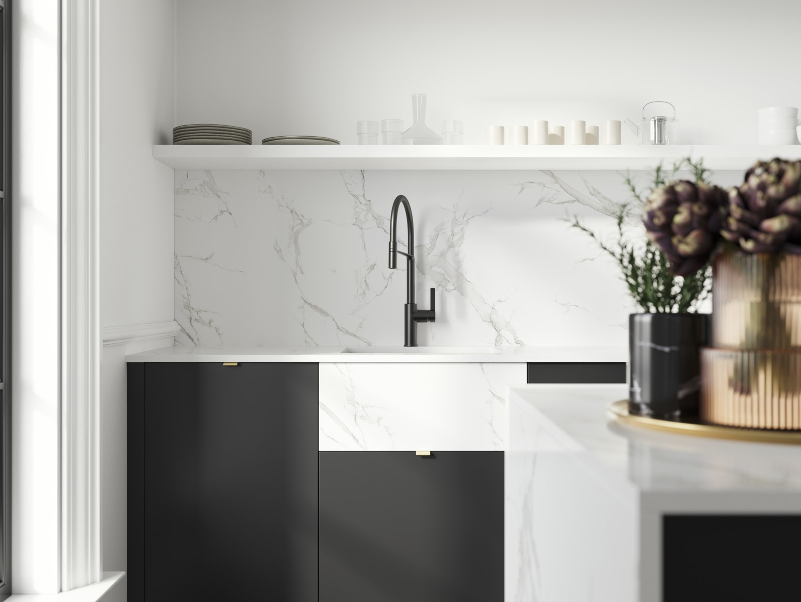 Close-up of sink and black tap in Hoxton Sumi black kitchen