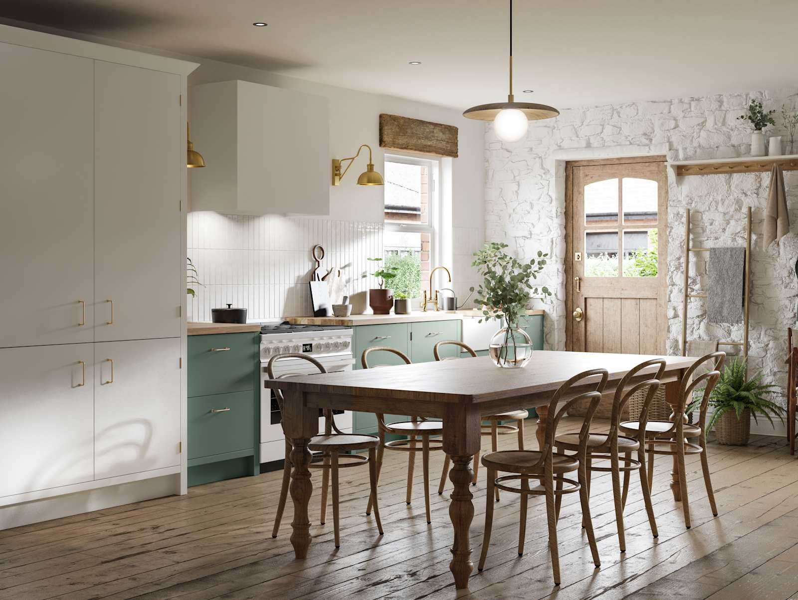 Contemporary cottage kitchen with Soho Eucaluptys, tall pantry cabinets in white, and a light wood dining table