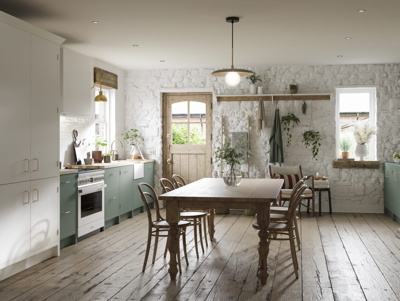 Full room view of contemporary cottage kitchen and dining room with Soho Eucaluptys and tall pantry cabinets in white.