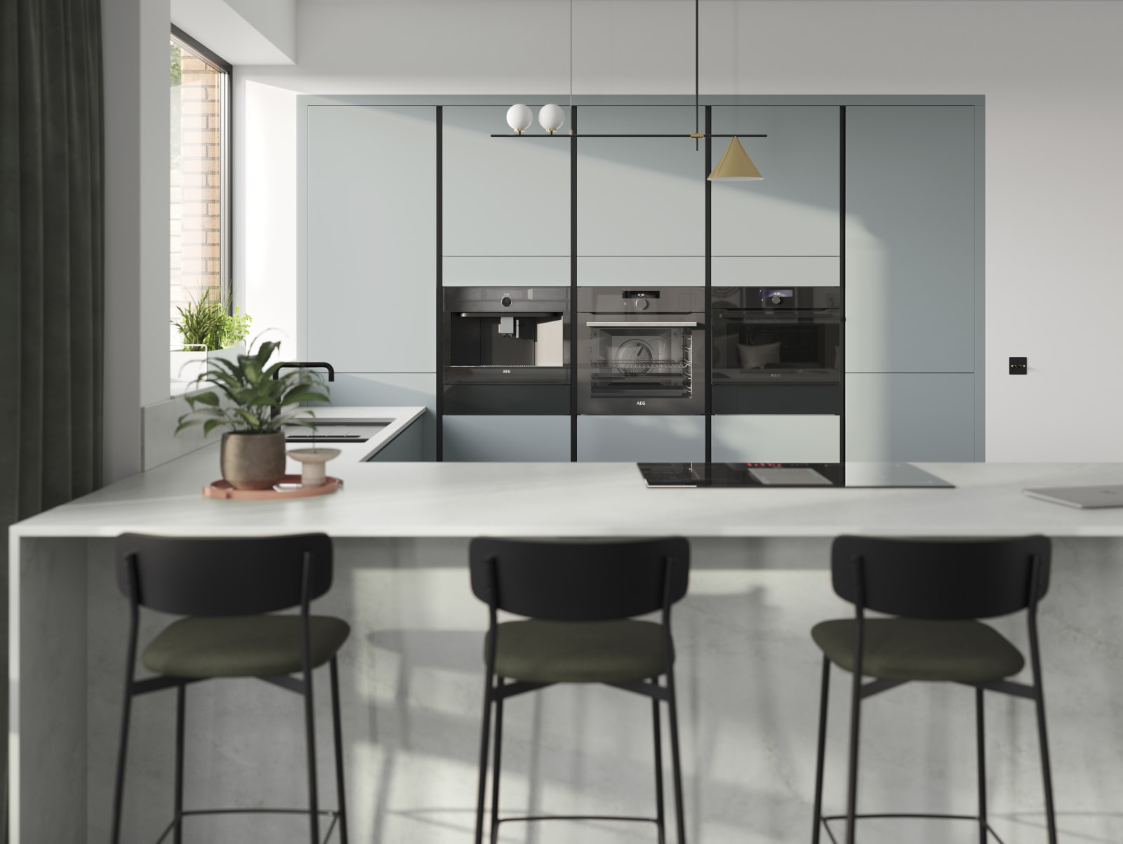 Integra Sky is a light blue frameless slab door with integrated handles in a smooth paint finish.