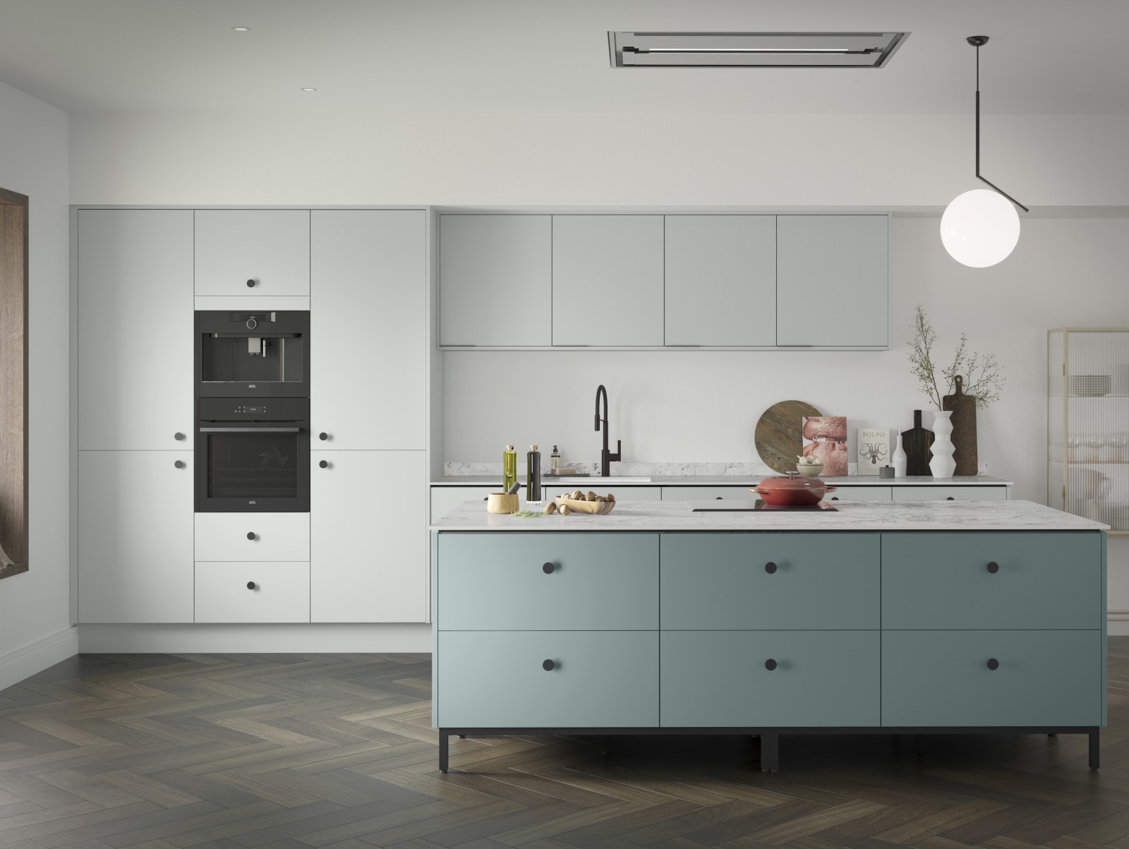 Soho Washed Cotton kitchen with a Morris Blue kitchen island, a modern slab door with a painted rather than foil surface, for a truly premium look.