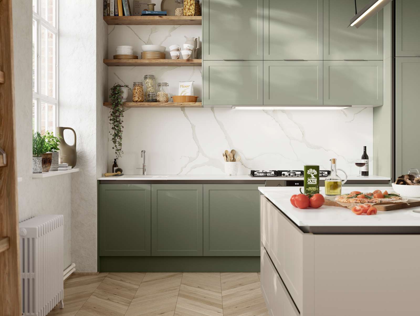 Integra Dunham from Magnet is a handleless shaker frontal, here shown in kitchen with kitchen island and wall cabinets in shades Misty Moors and Pebble, with a white marbled worktop and matching splashback with wood open wall shelves..