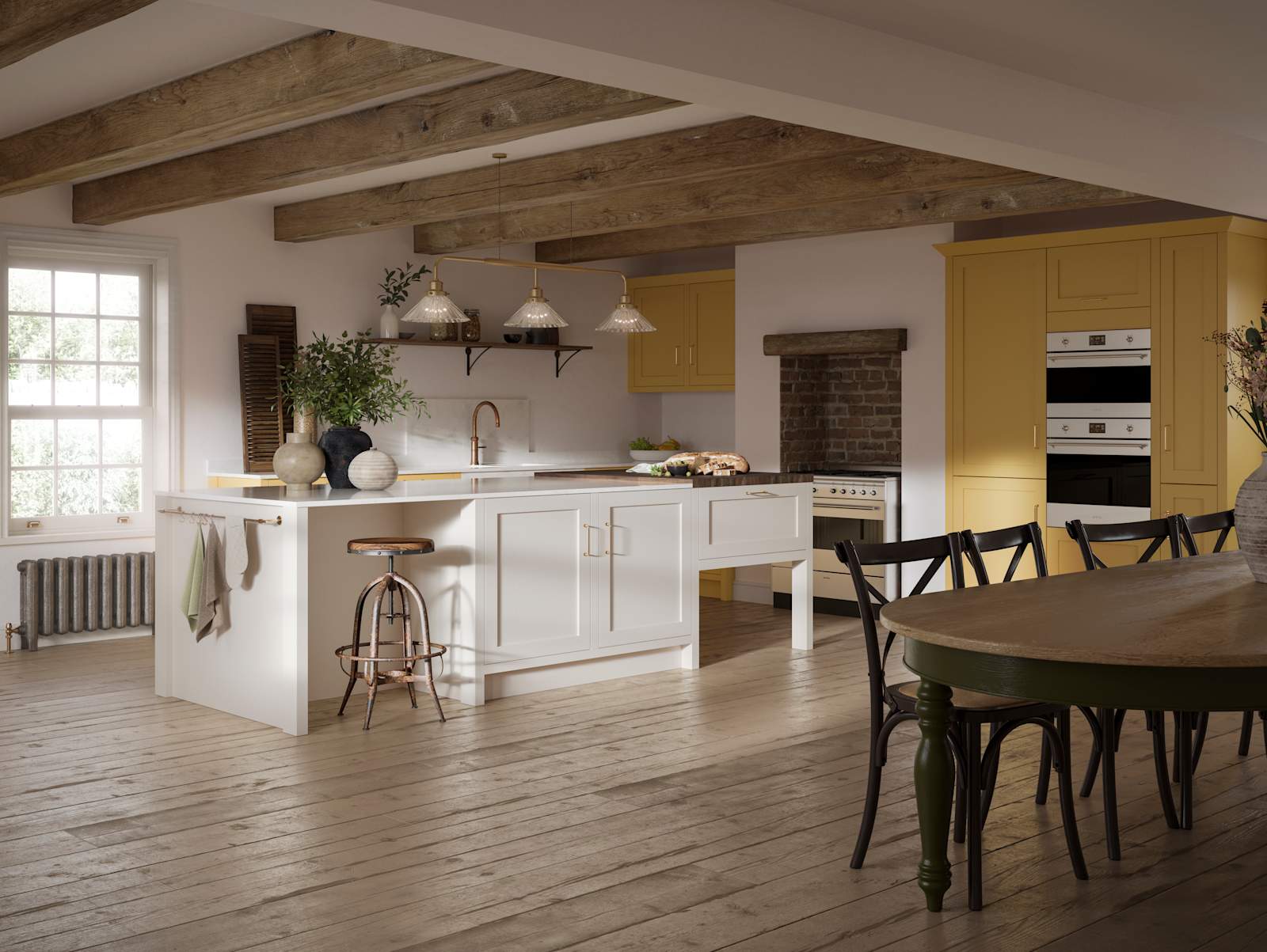 Alt text: Open floorplan shaker kitchen in the bright and beautiful yellow shade Harvest, paired with a kitchen island with matching frame door cabinets in the shade Limestone.
