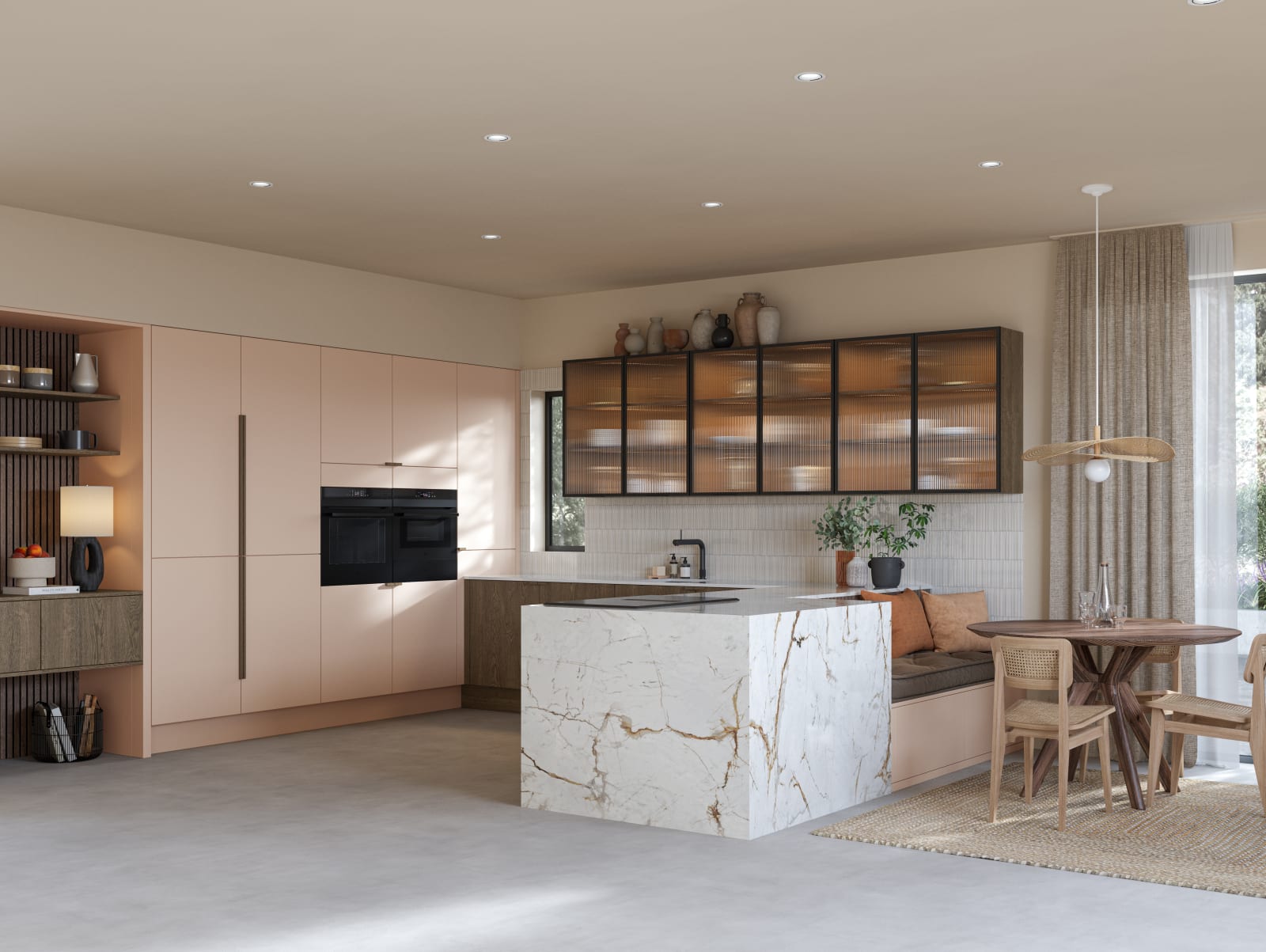 Full room view of open plan kitchen Soho Chalk Blush, matched with fluted glass display cabinets and oak front cabinetry in Nordic Nature.