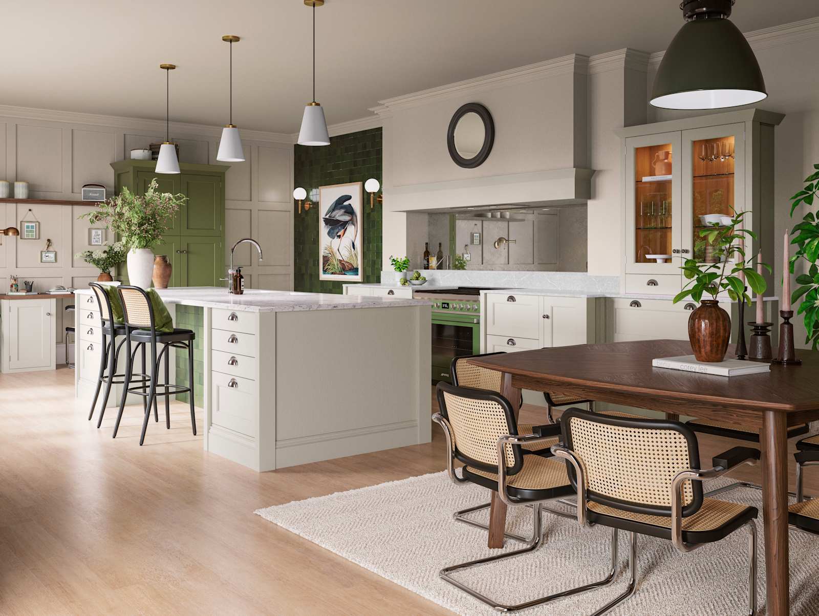 traditional Shaker-style kitchen range featuring panelled doors with visible woodgrain and beading detail