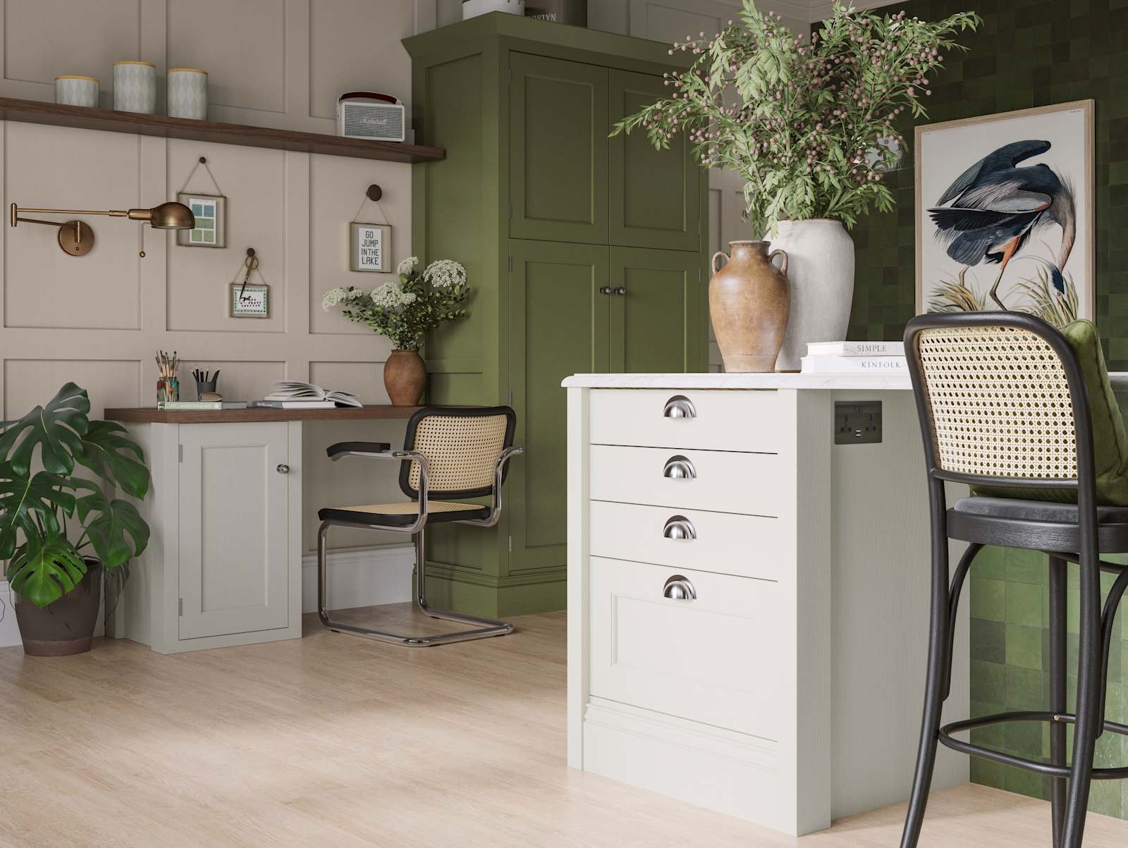 traditional Shaker-style kitchen range featuring panelled doors with visible woodgrain and beading detail
