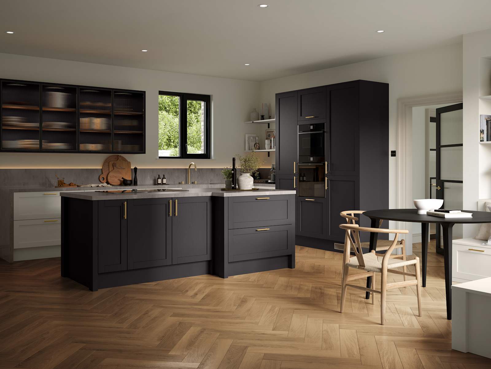 A contemporary Shaker kitchen with black cabinets and hardwood floors, paired with fluted glass cabinets.