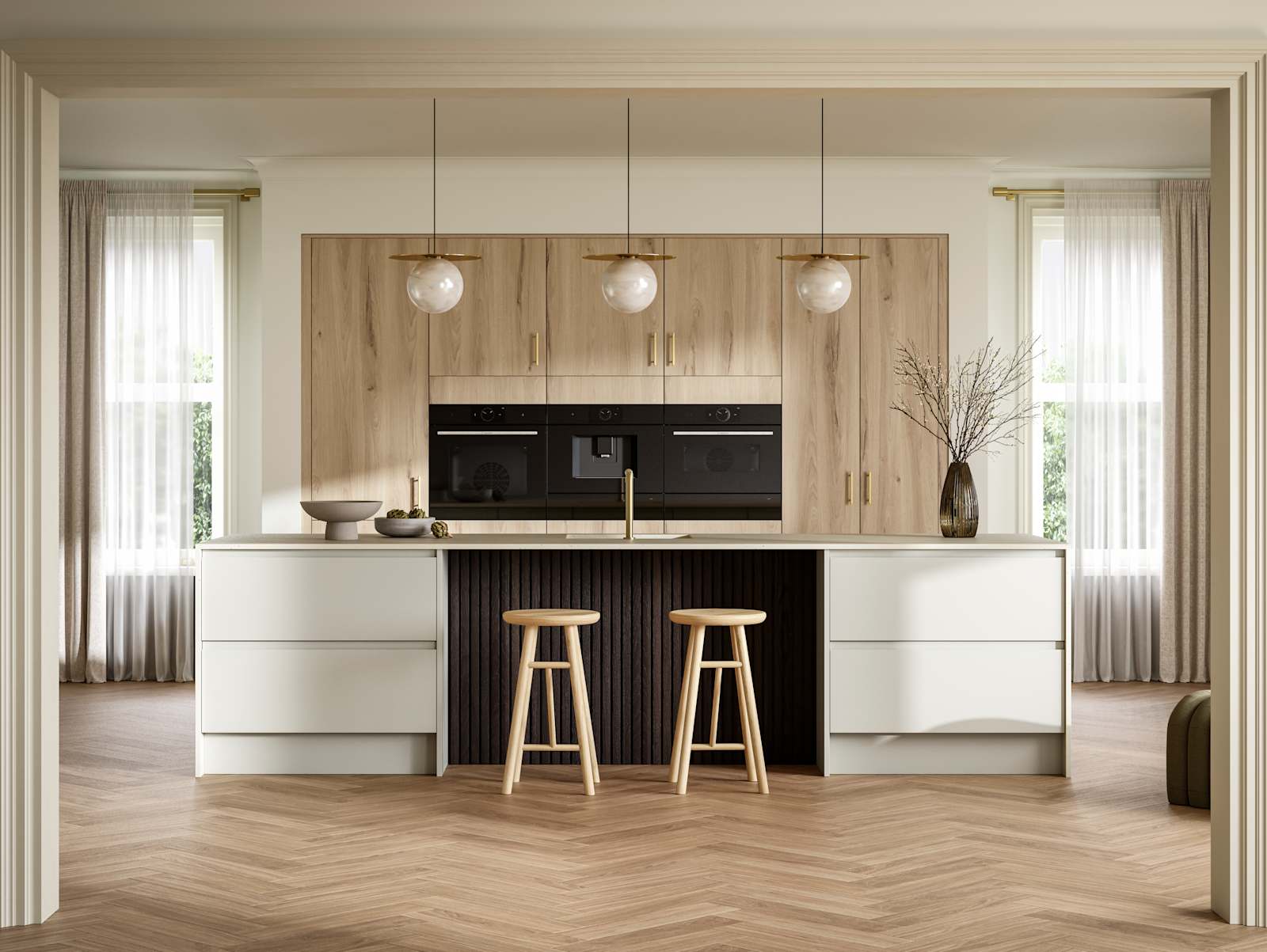A bright and airy open-plan kitchen that incorporates Duxbury drawers and cabinets in Limestone, and Portobello units in Bosco.