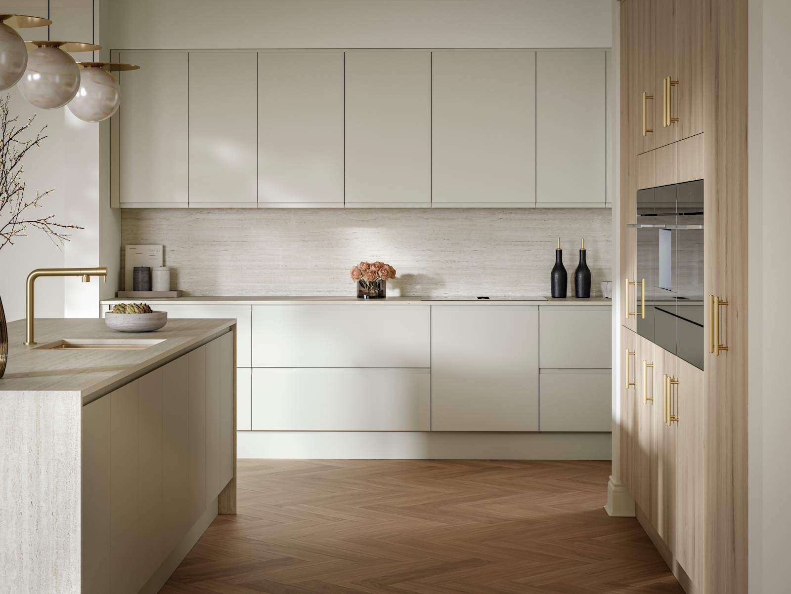 A bright and airy open-plan kitchen that incorporates Duxbury drawers and cabinets in Limestone, and Portobello units in Bosco.