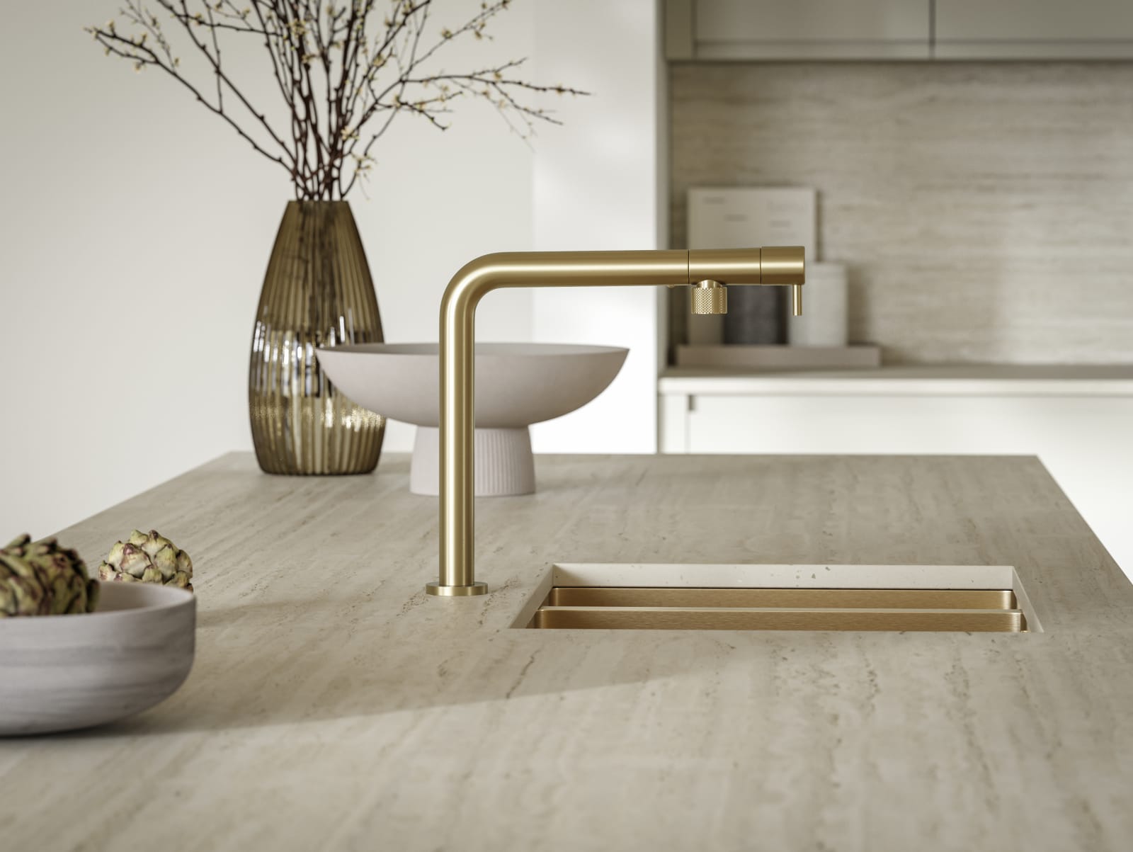 Minimalist kitchen island worktop with brass sink and tap