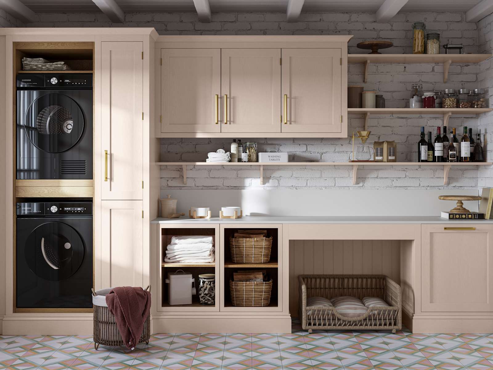 Utility room Wardley Shell cabinetry with washing machine and dryer built-in, a countertop and wall cabinets all matching, a laundry basket on the floor next to washing machine.