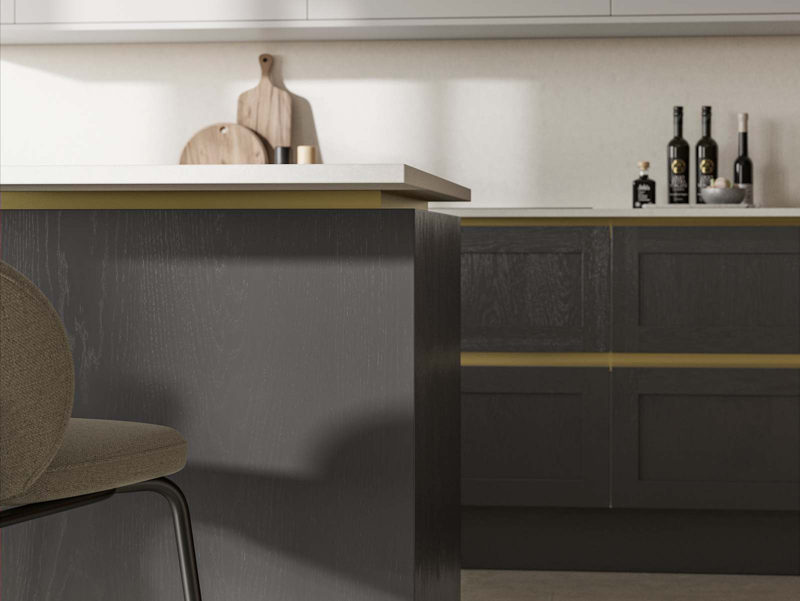 Handleless Shaker kitchen Integra Wardley Charcoal is traditional and contemporary with its narrow frame door with integrated handles and a painted timber finish.