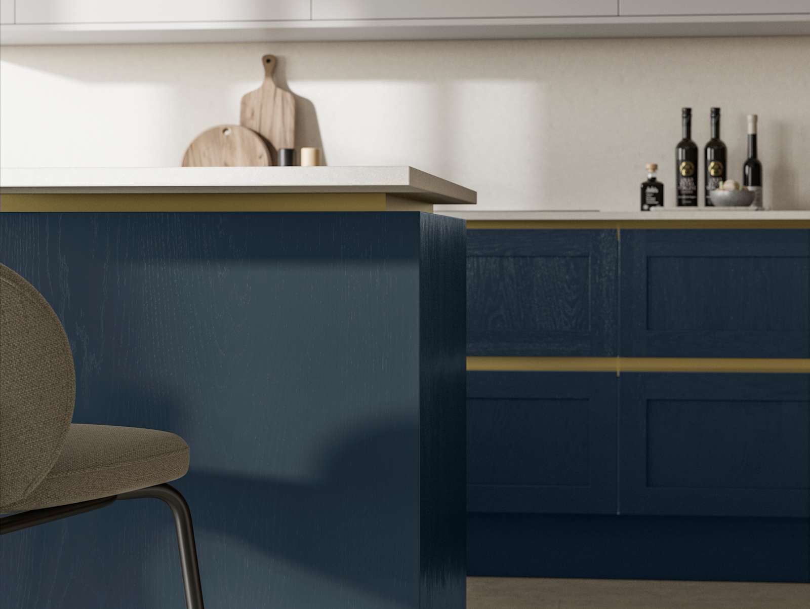 Handleless Shaker kitchen Integra Wardley Midnight is traditional and contemporary with its narrow frame door with integrated handles and a painted timber finish.
