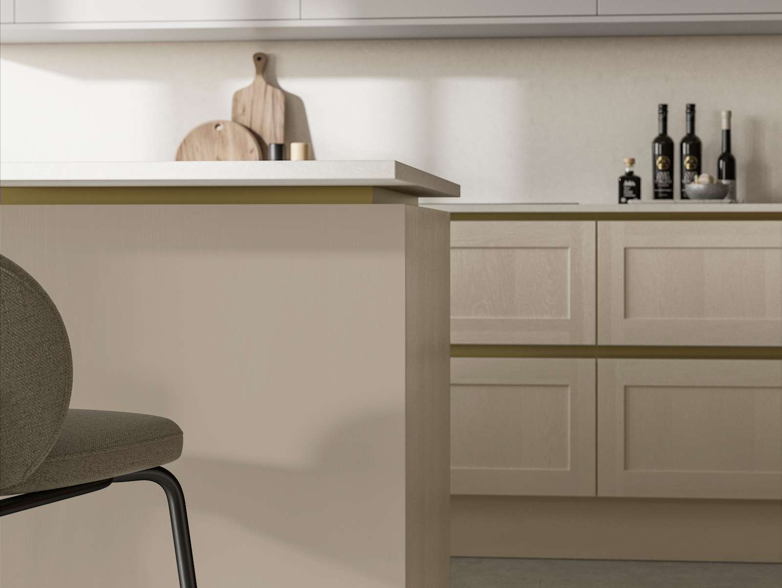 Handleless Shaker kitchen Integra Wardley Pebble Path is traditional and contemporary with its narrow frame door with integrated handles and a painted timber finish.