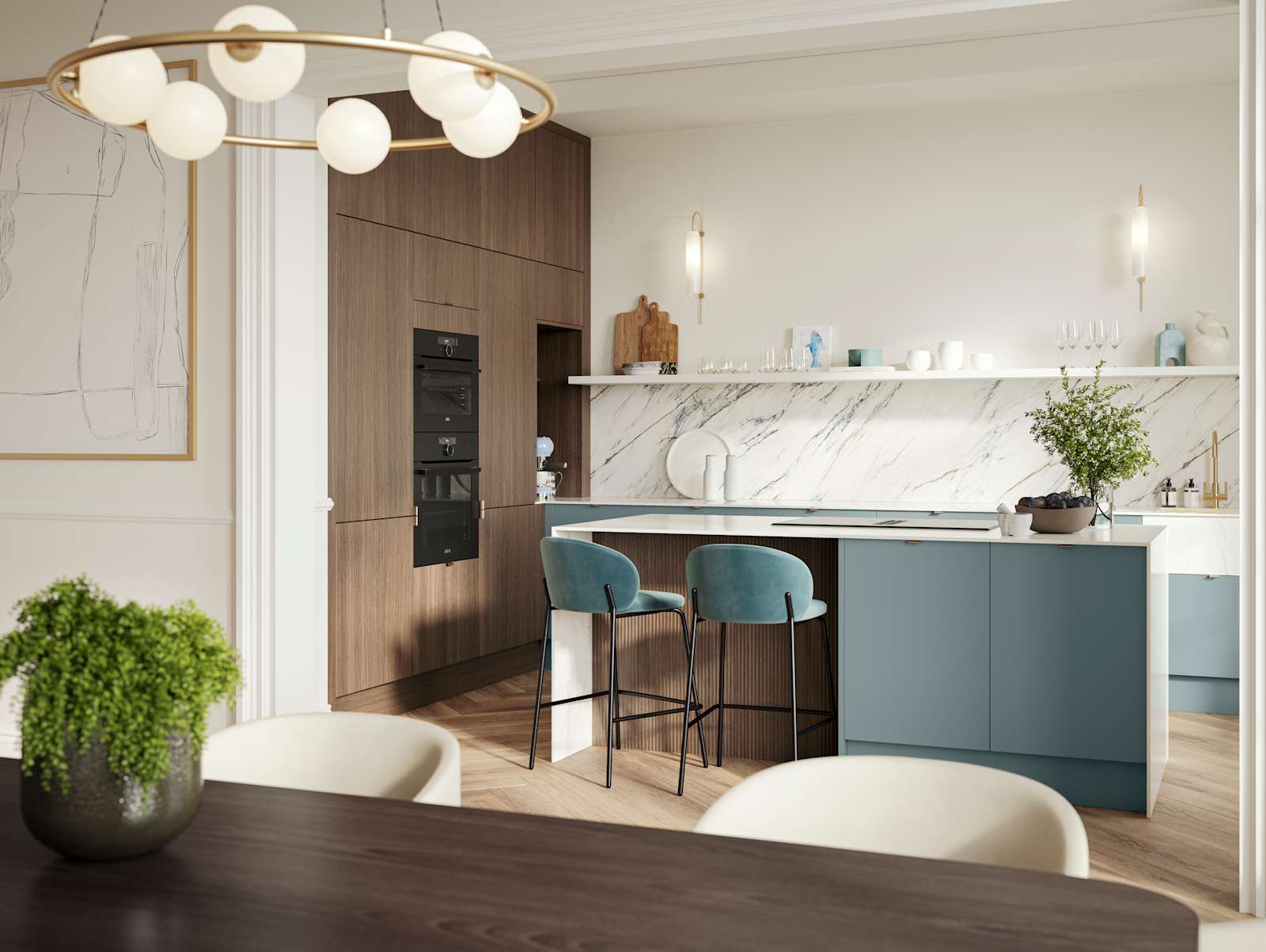 Soho Duck Blue kitchen from Magnet combined with ovens integrated into tall Nordic Nature cabinetry, white marble splashblack, paired beautifully with a bright brass tap and sink.