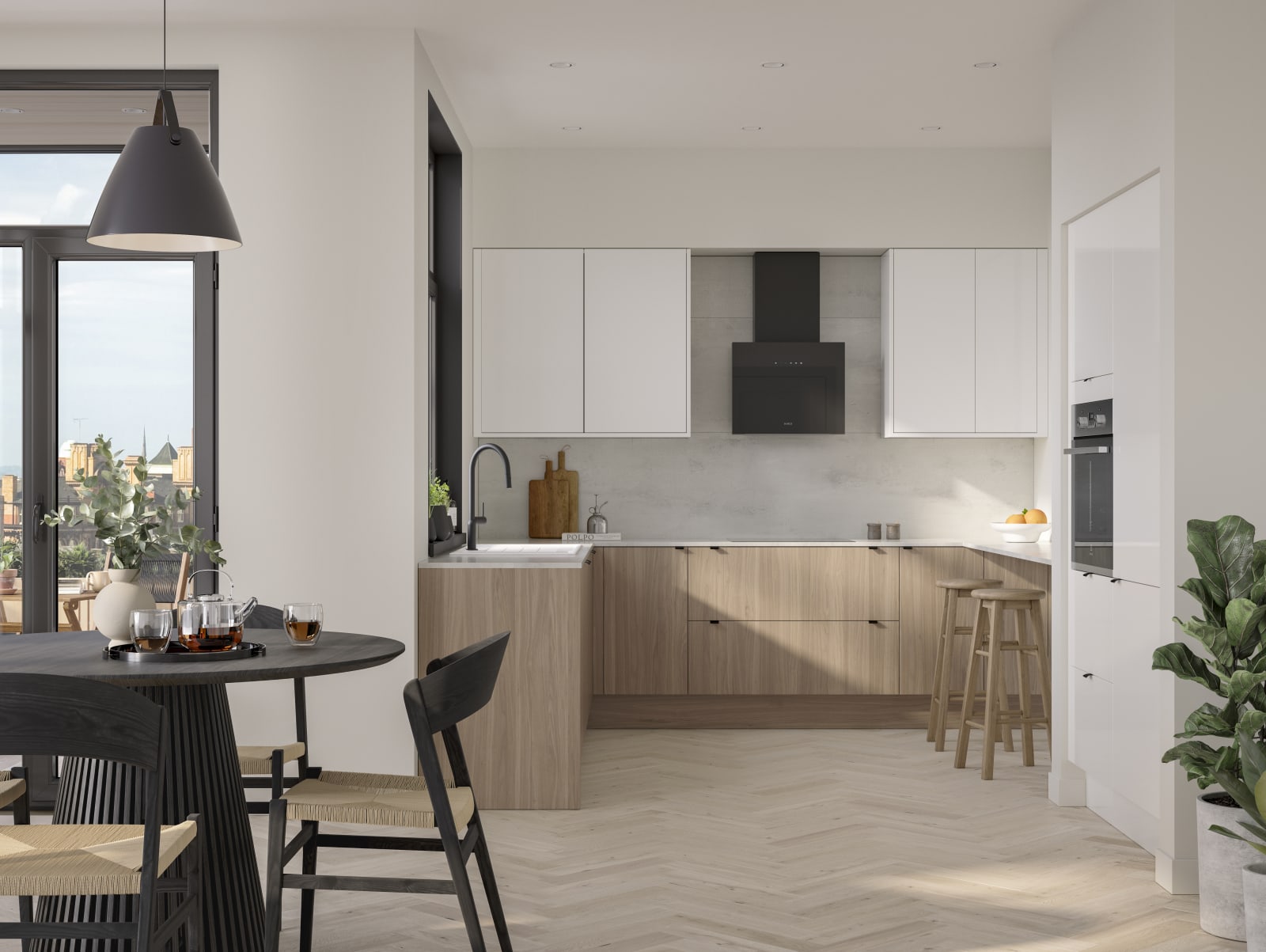 Open floorplan Ascoli kitchen from Magnet with Natural Oak cabinetry, a white worktop, Ascoli Gloss white wall cabinets over countertop and matching tall cabinets with a built-in oven all paired with small black handles, a black tap and black hood.