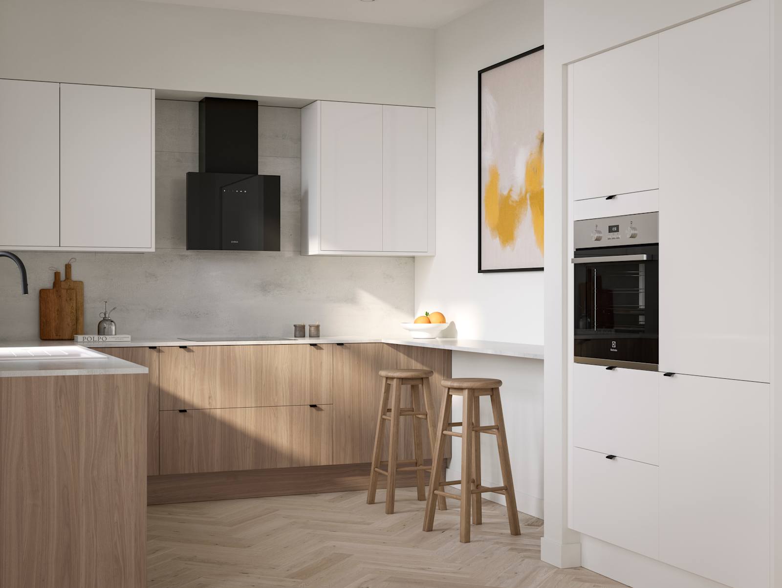 Ascoli kitchen from Magnet with Natural Oak cabinetry, a white worktop, Ascoli Gloss white wall cabinets over countertop and matching tall cabinets with a built-in oven all paired with small black handles, a black tap and black hood.