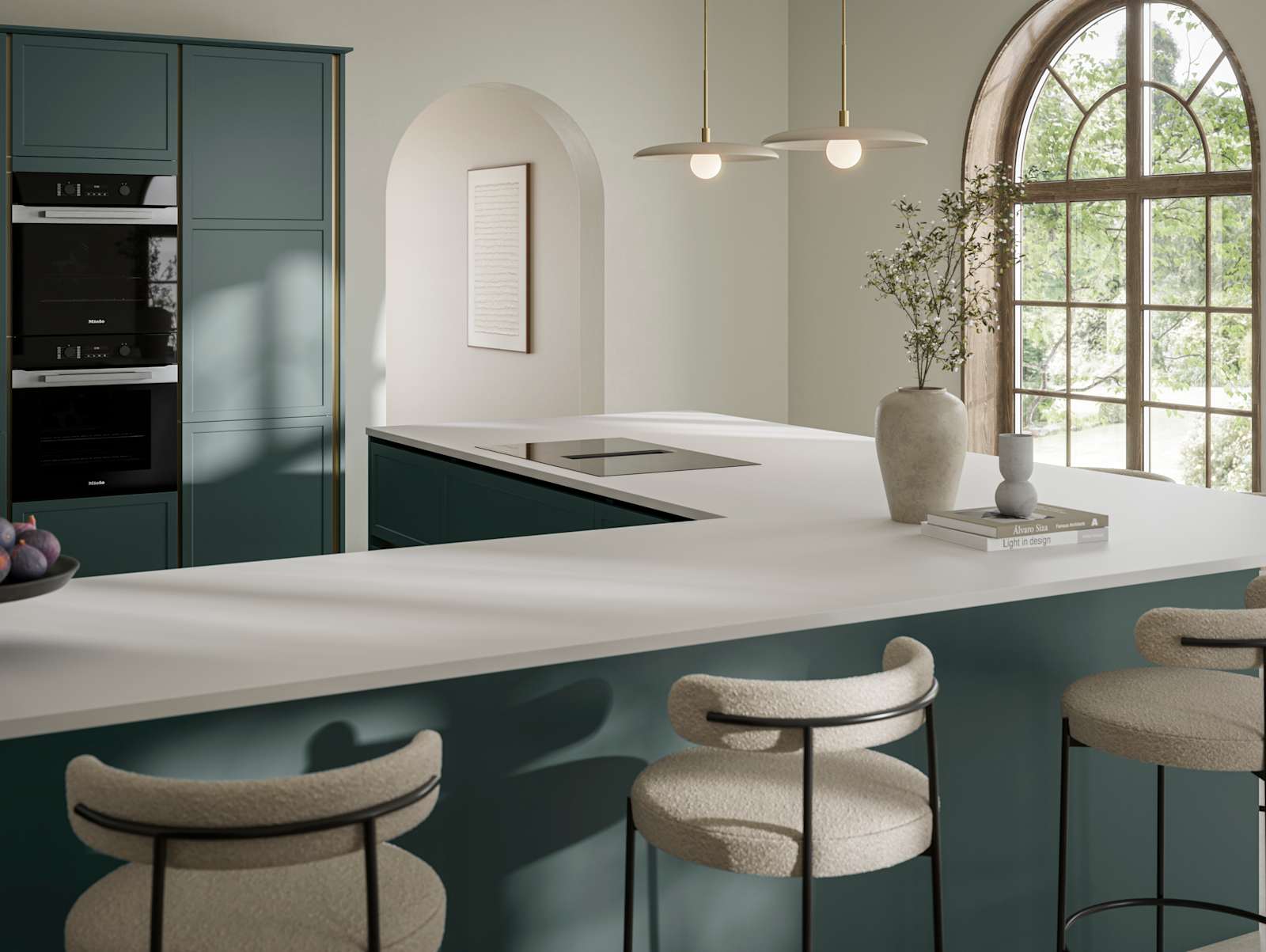 View of Georgian extension in handleless frame door Integra Brunswick Spruce G-shaped kitchen, with warm neutral decor, Minerva white worktop and splashback, breakfast bar with bar stool seating.