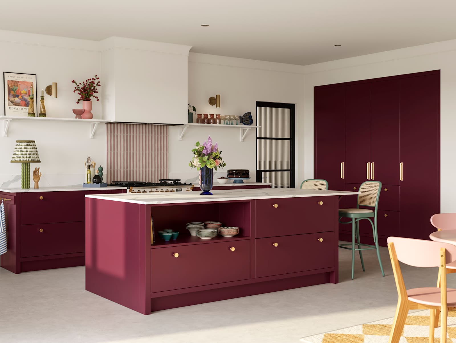 Modern slab front Soho Morello kitchen with built-in tall cabinets hiding integrated refrigerator, kitchen island with rattan bar stools at breakfast bar, Bianco calacatta worktop and upstand, brass knobs and open shelf in kitchen island holding eclectic eramics.