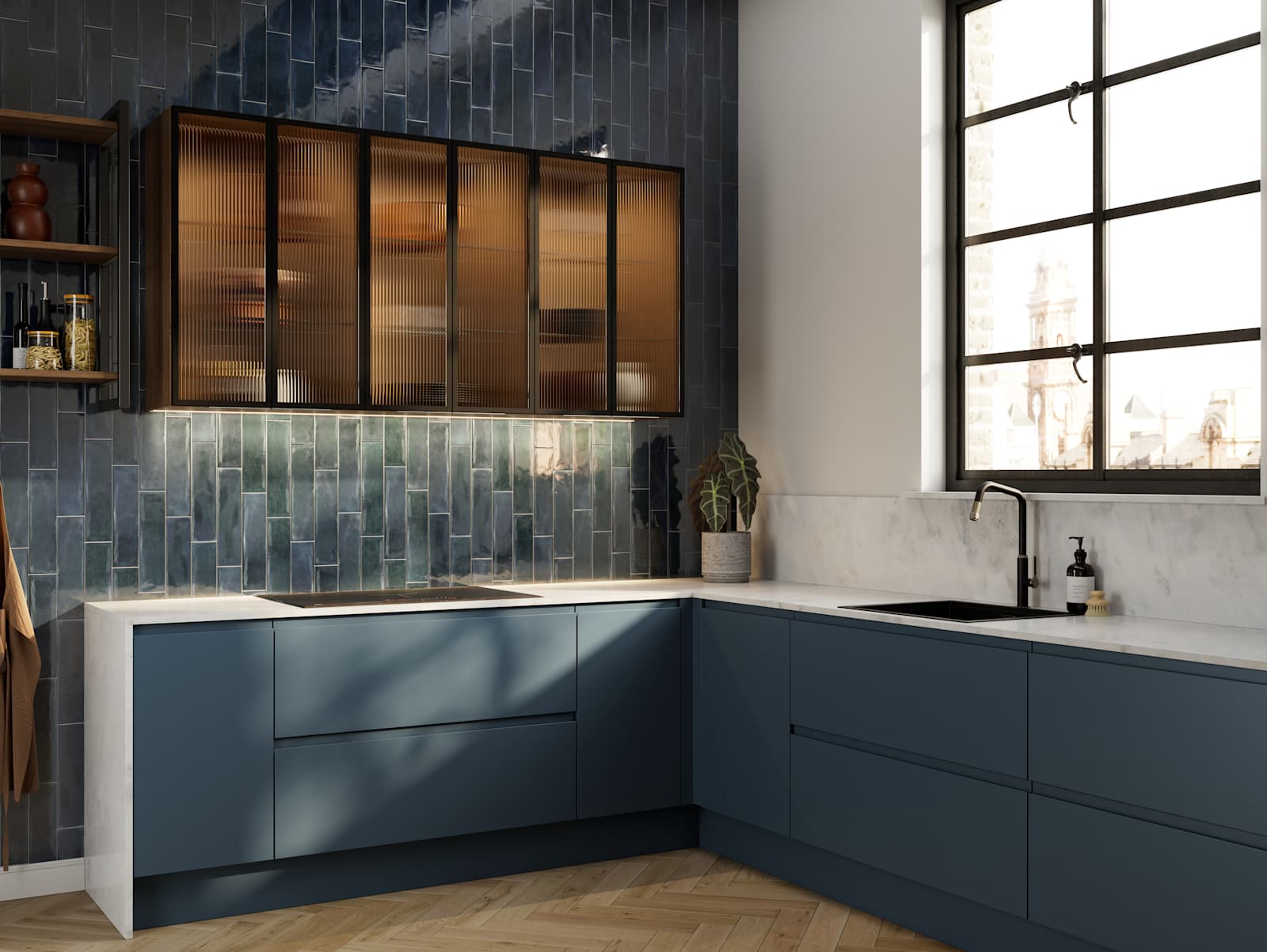 Contemporary and minimalist handleless kitchen with J-Pull door in dark blue shade Mineral Blue, with fluted glass vitrine wall cabinets and tiled wall.