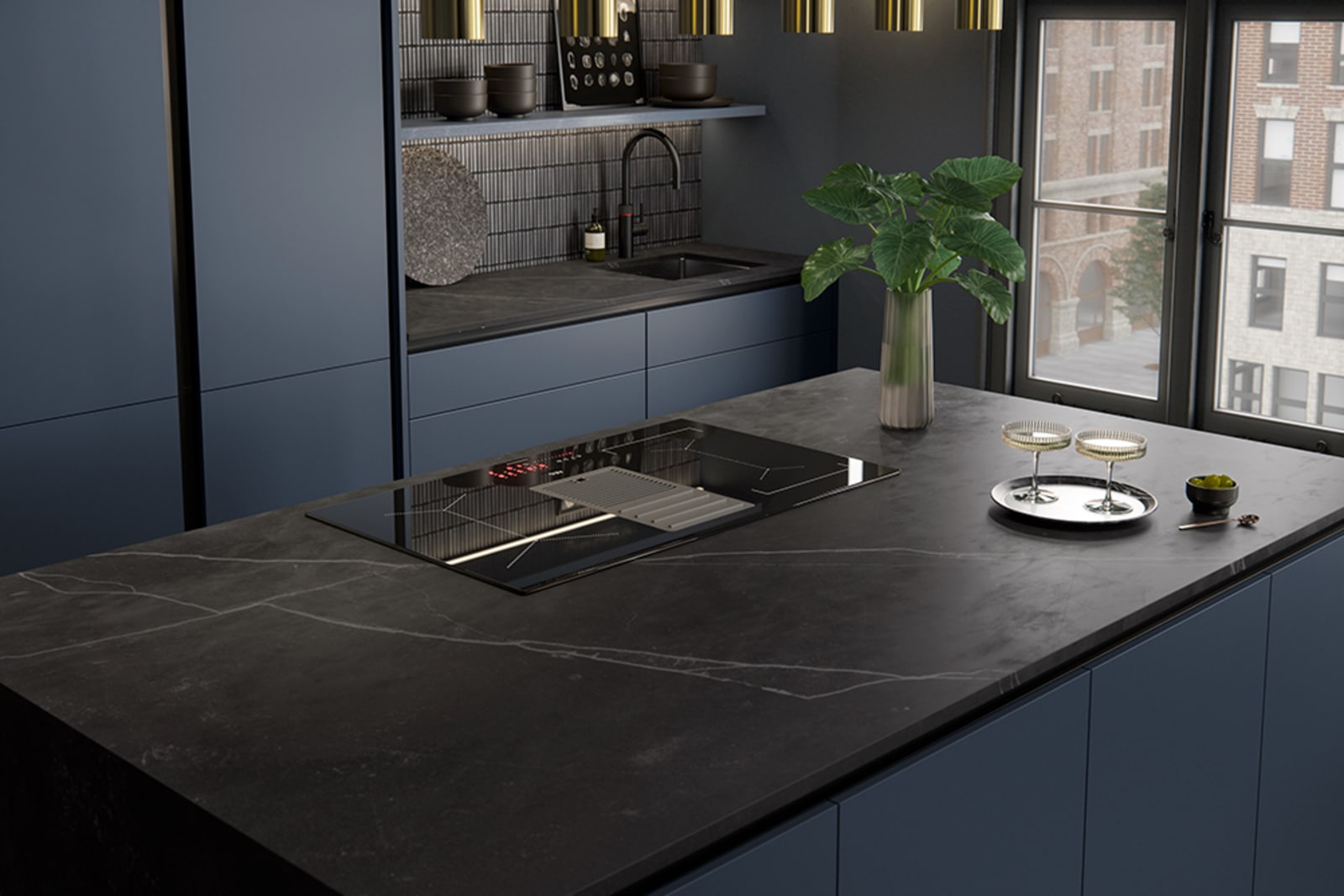 Integra Hoxton Kitchen from Magnet available in metallic midnight blue. Smooth slab doors and a painted effect finish.