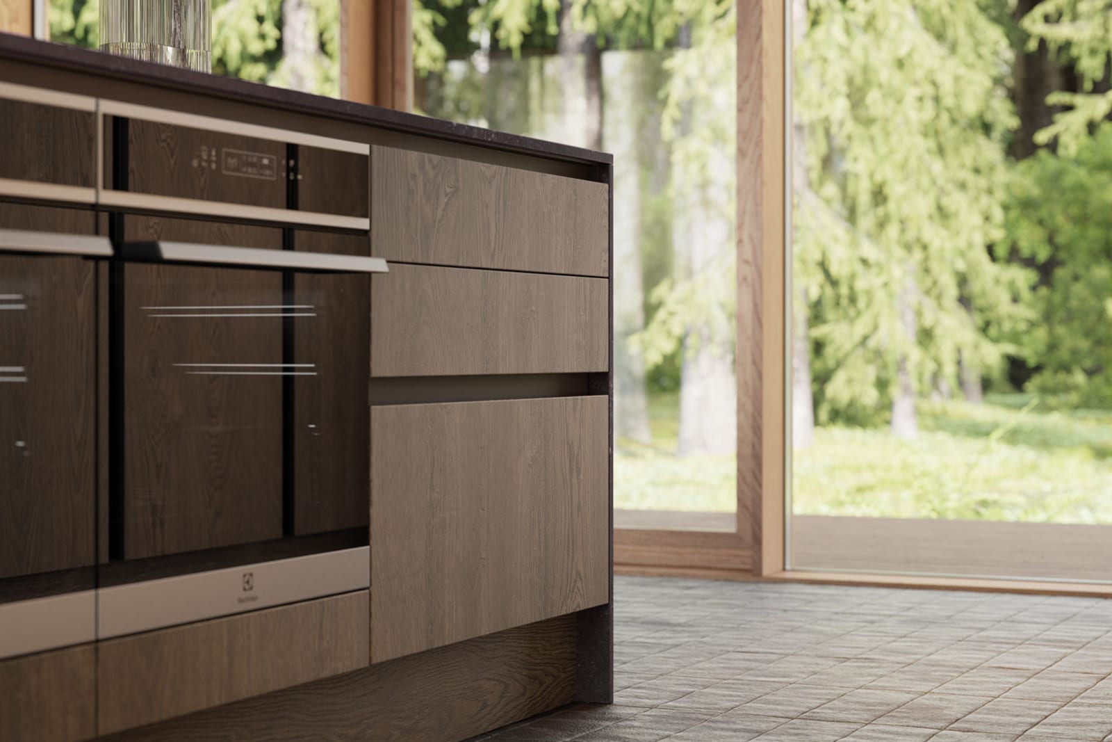 Integra Nordic Nature. Modern kitchen concept with a sleek handless design and fluted oak effect wood doors