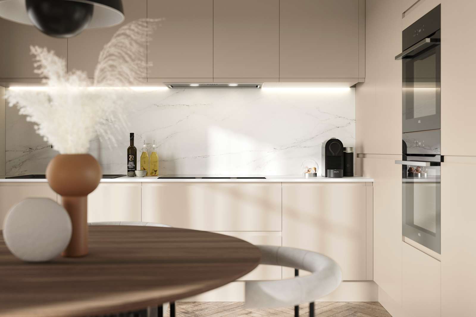 Luna in the shade Pebble is the ideal base for a minimalist kitchen design with its integrated handle that gives any kitchen a beautiful, sleek finish.