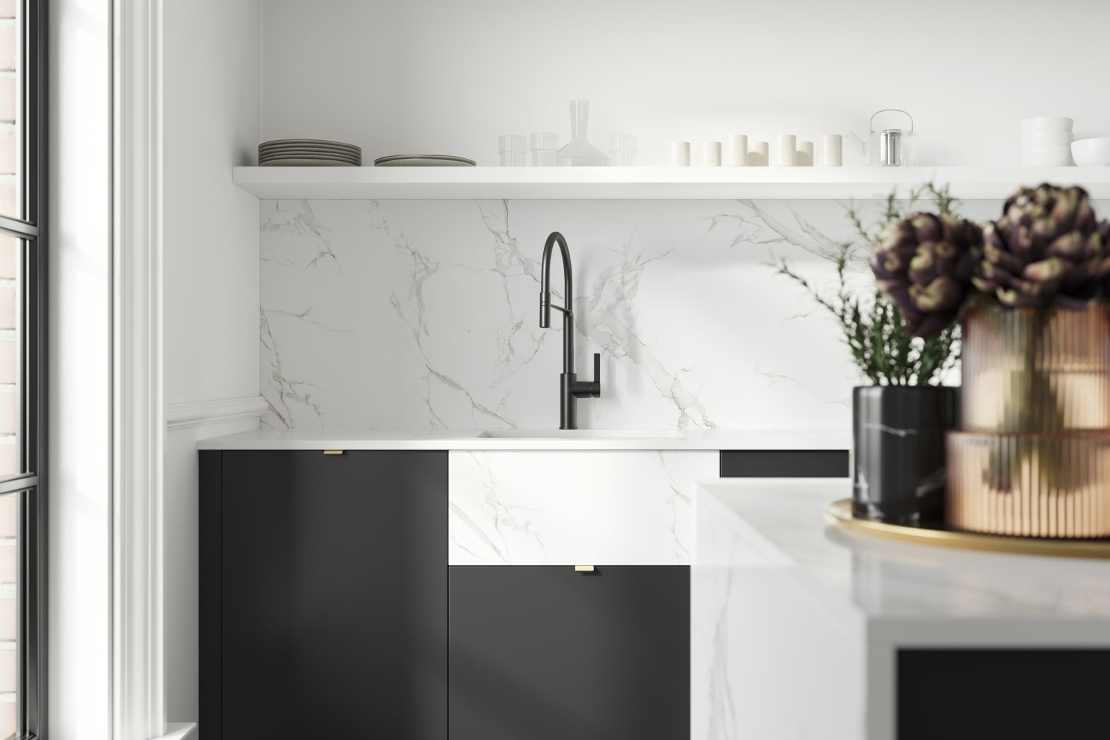 Close-up of sink and black tap in Hoxton Sumi black kitchen