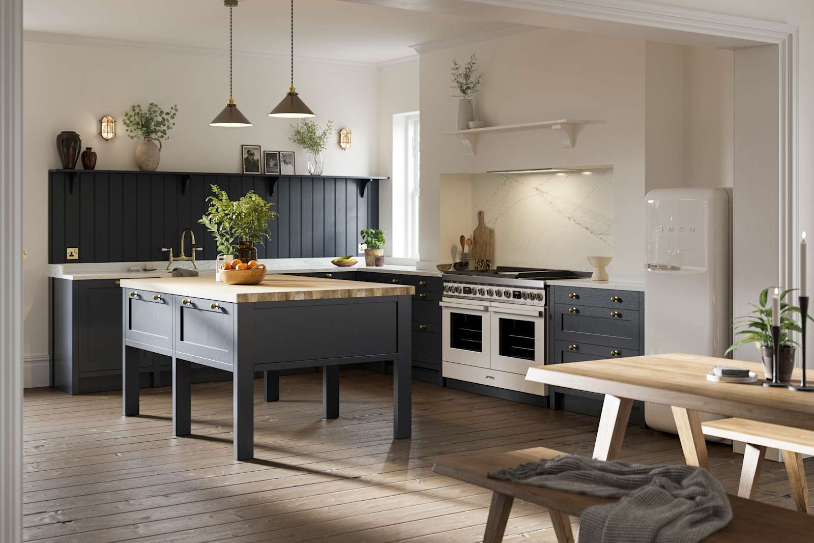 View of full shaker kitchen, dark blue cabinetry in shade Midnight, decorated with plants and framed photos.