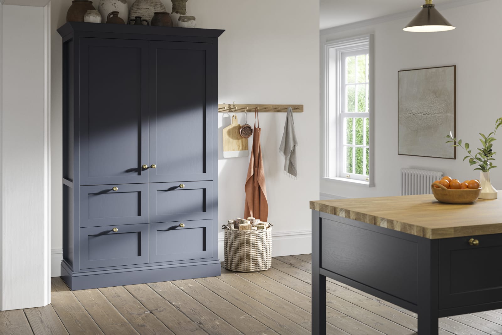 Navy Blue Kitchen Island with Antique Brass Knobs - Transitional - Kitchen