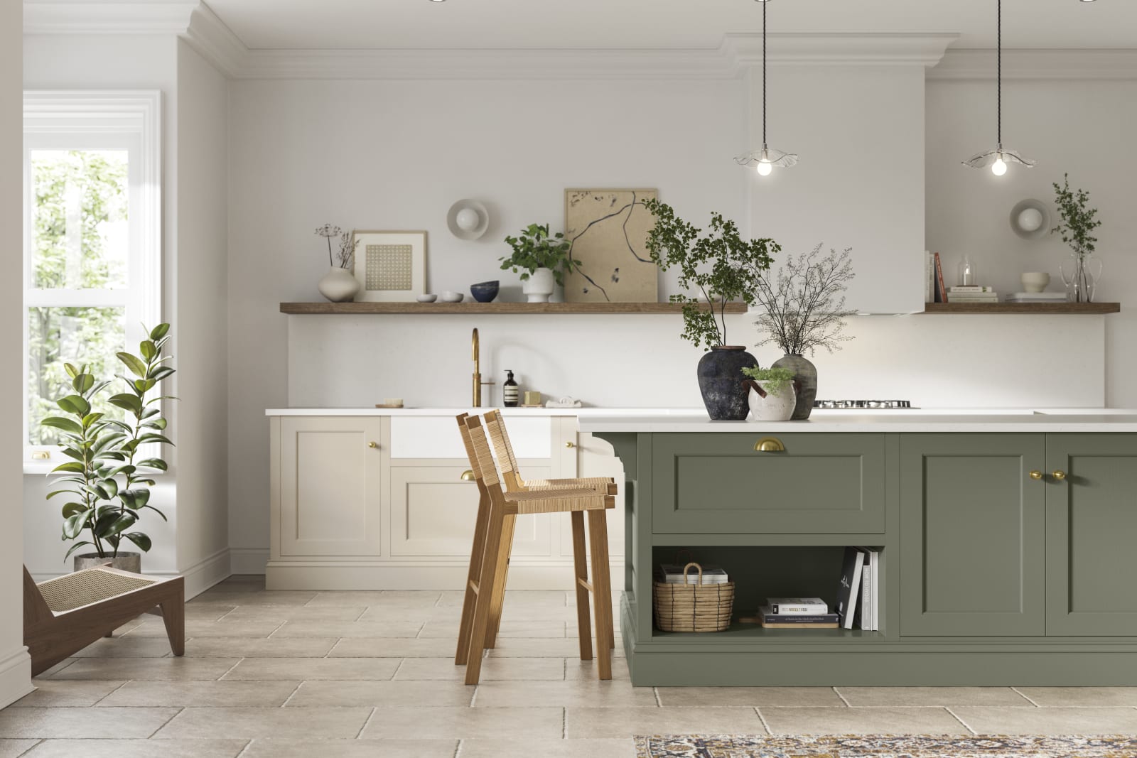 Sage green and cream kitchen  Green kitchen cabinets, Traditional