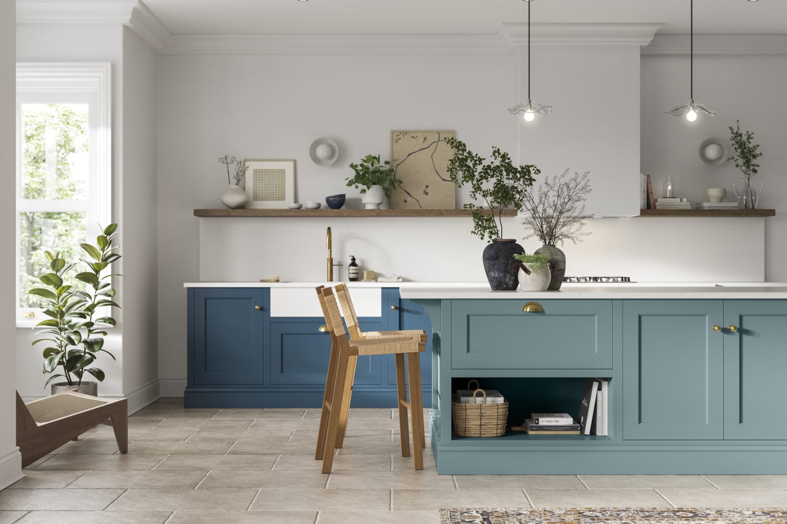 Navy Blue Center Island with Brass Hardware - Transitional - Kitchen