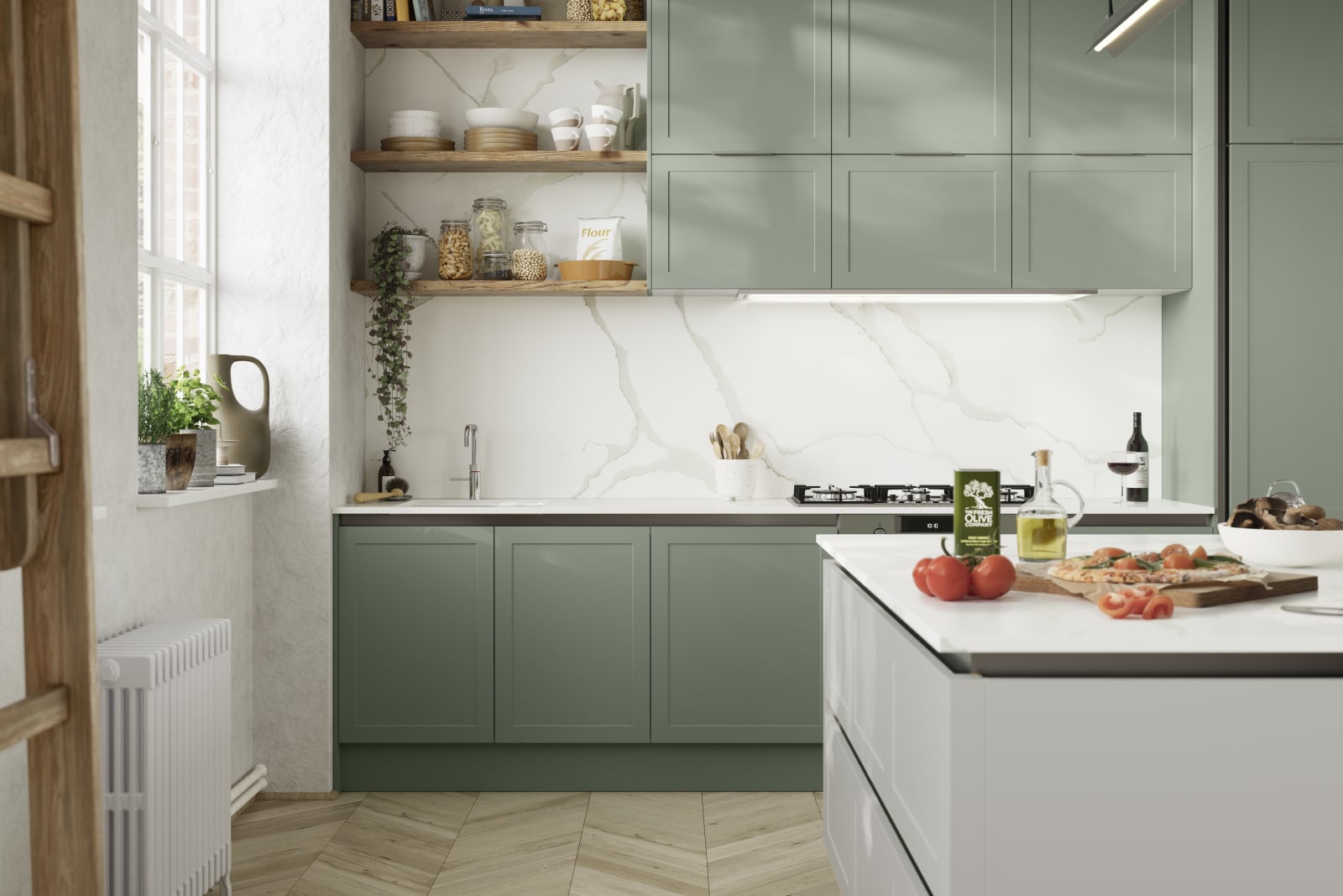 Integra Dunham from Magnet is a handleless shaker frontal, here shown in shades Eucalyptus and Fresh Linen.