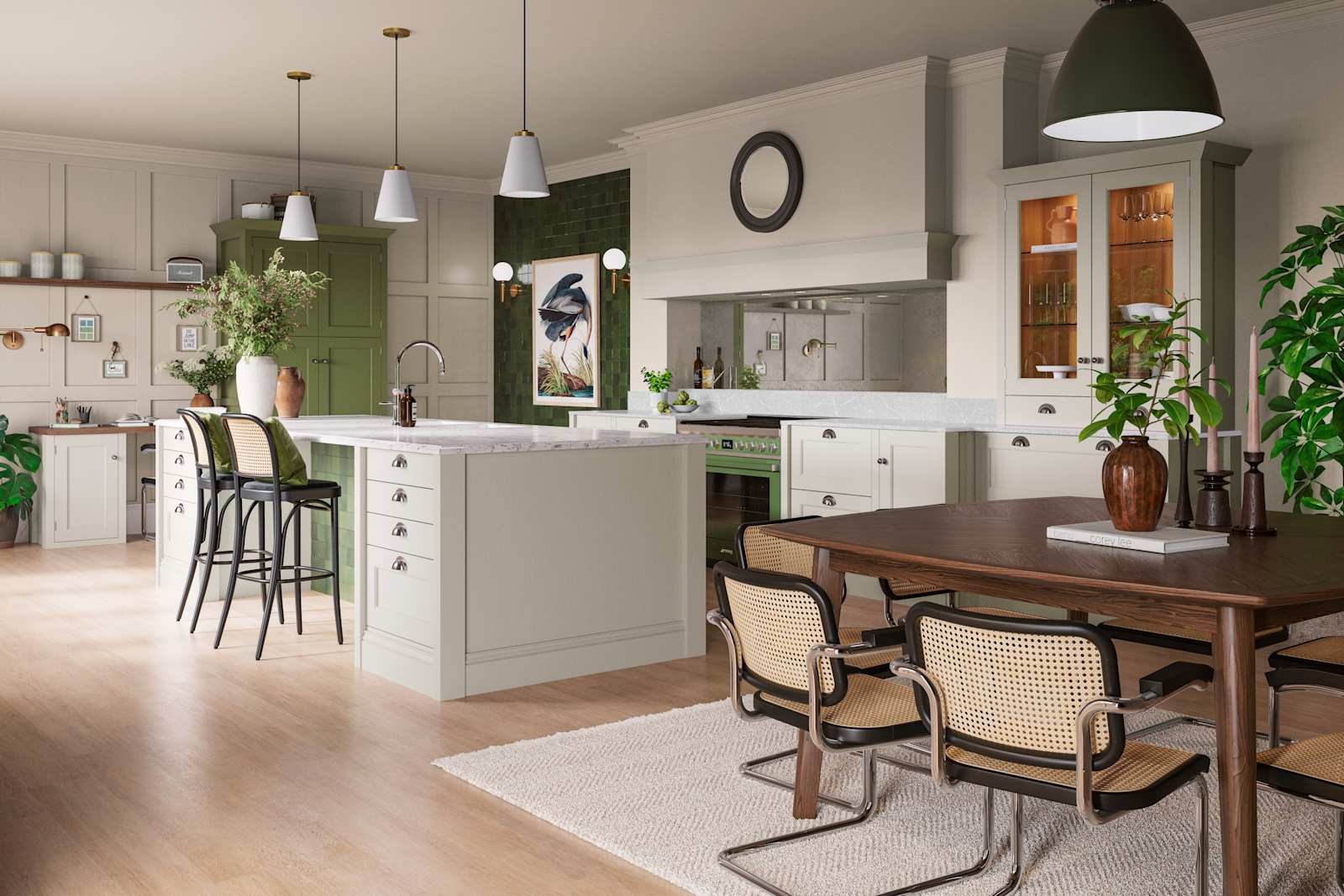 traditional Shaker-style kitchen range featuring panelled doors with visible woodgrain and beading detail