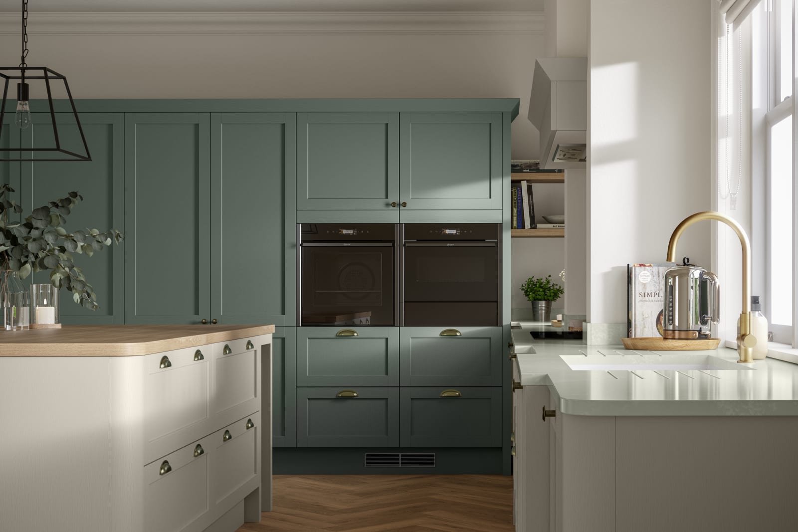 Modern Ambleside Shaker Kitchen with Moss and Limestone Accents, featuring sleek design and contemporary elements.