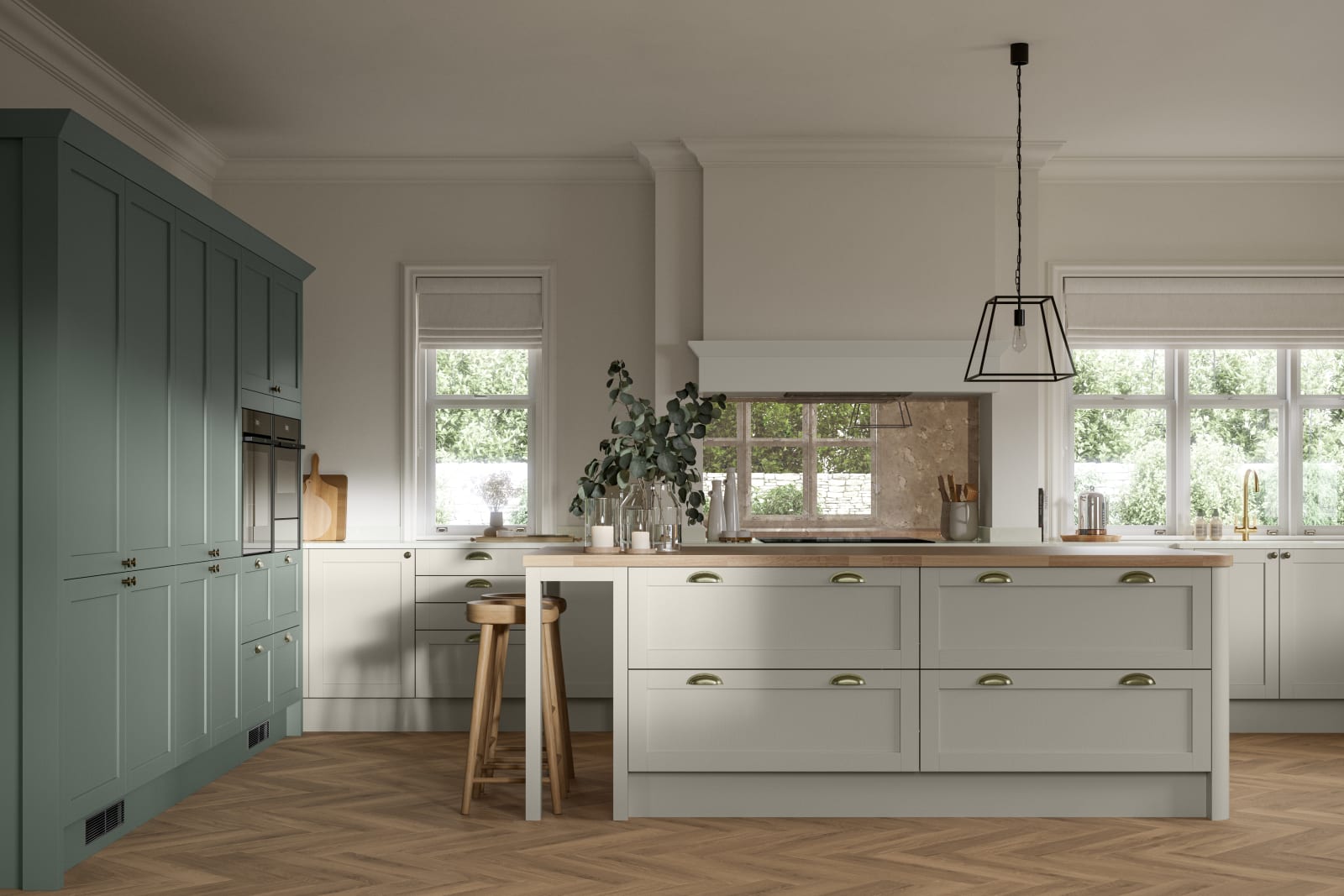 Ambleside kitchen range shown in a home kitchen with blue Shaker cabinets and wood floors.