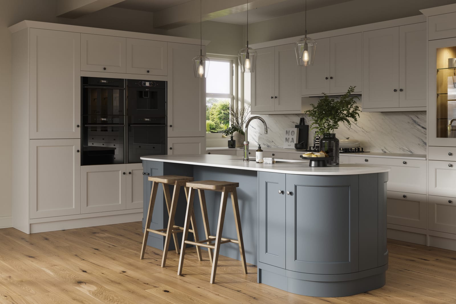 Traditional Shaker-style kitchen range featuring panelled doors with visible woodgrain and beading detail