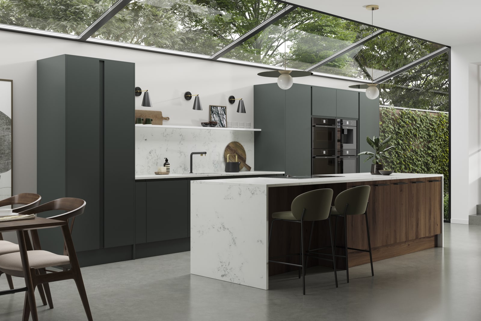 An open plan Magnet kitchen, showcasing our modern Duxbury range in Arboretum.