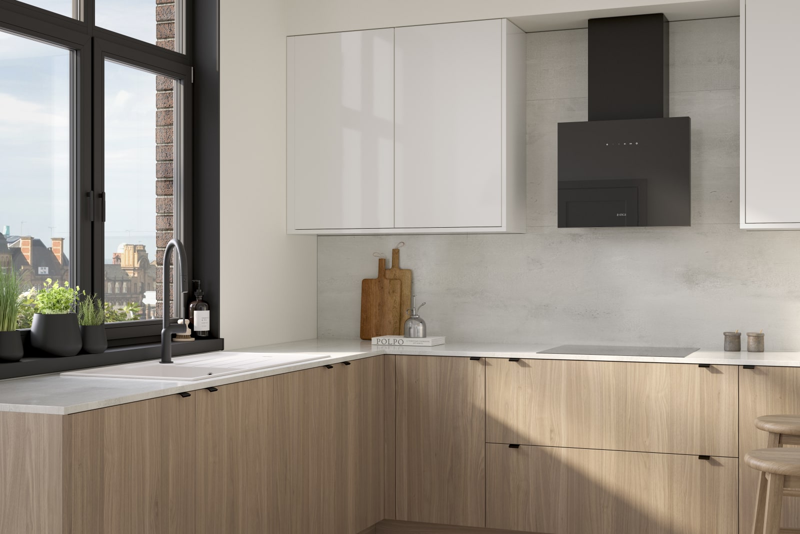 Ascoli kitchen from Magnet with Natural Oak cabinetry, a white worktop, Ascoli Gloss white wall cabinets over countertop paired with matching black handles, tap, hood and window frame over white sink.