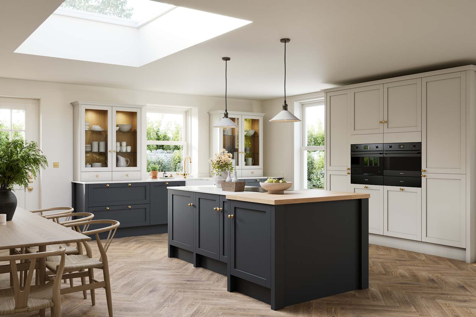 Contemporary Shaker kitchen island Ambleside from Magnet in deep blue shade Lake with beige tall cabinets, herringbone wood flooring and wood diningroom table