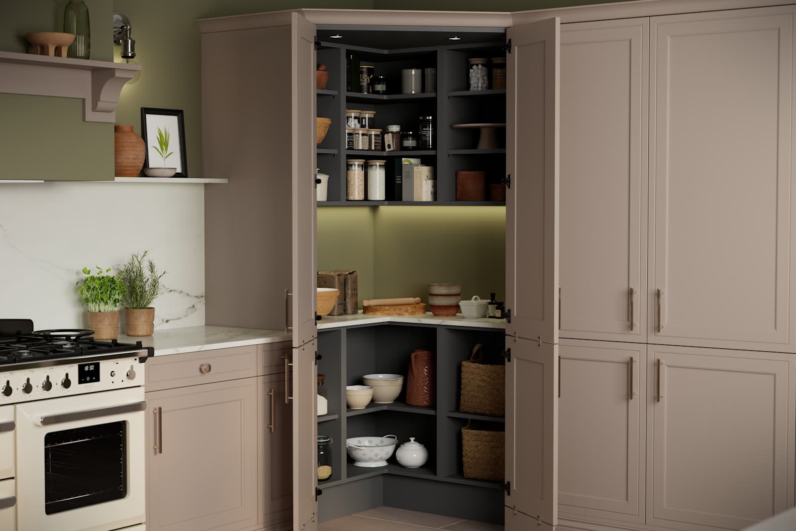 Opened walk-in pantry in Shaker style painted wood grain Bewdley kitchen in neutral shade Cornish Clay, tall cabinets with marbled worktop and matching backsplash and gas range cooker.