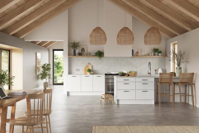 Hoxton kitchen. Smooth slab doors in a painted effect finish. Minimalist styling with your choice of handles and three colours.